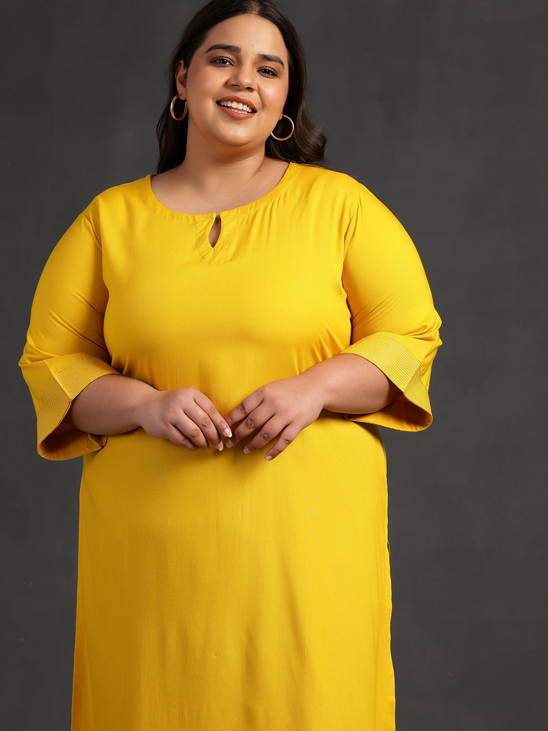 Plus Size Mustard Solid Rayon Straight Kurta