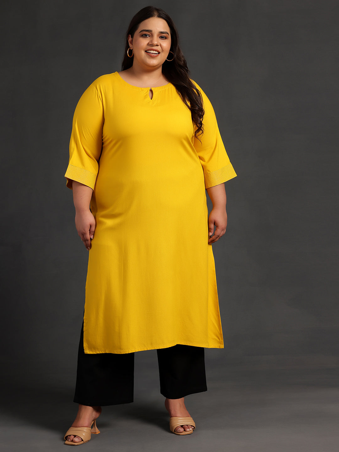 Plus Size Mustard Solid Rayon Straight Kurta