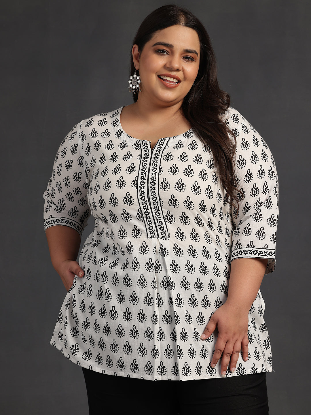 Plus Size White Printed Cotton Straight