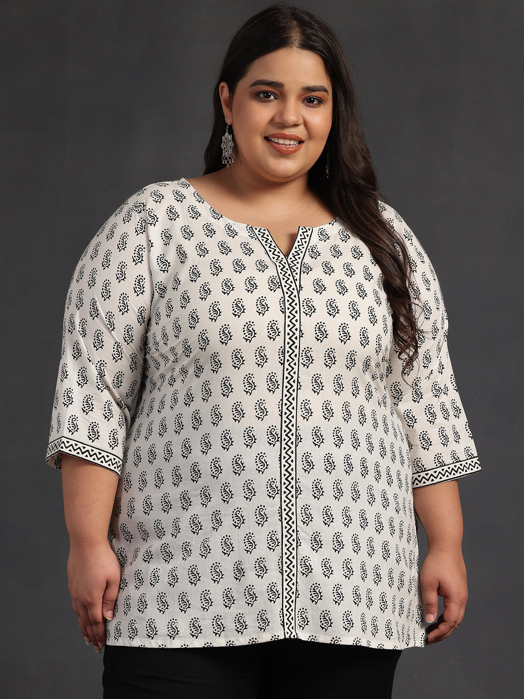 Plus Size White Printed Cotton Straight