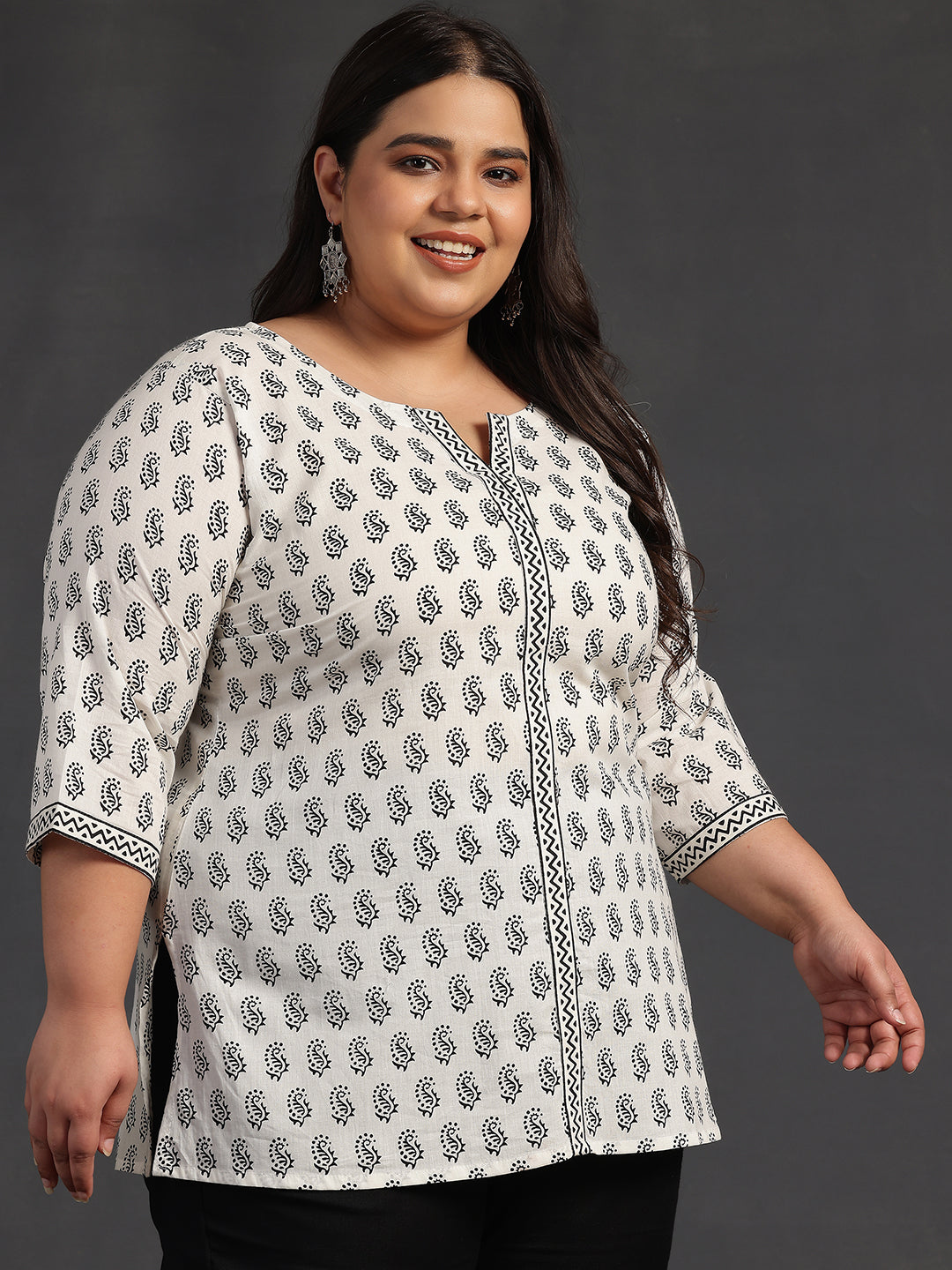 Plus Size White Printed Cotton Straight