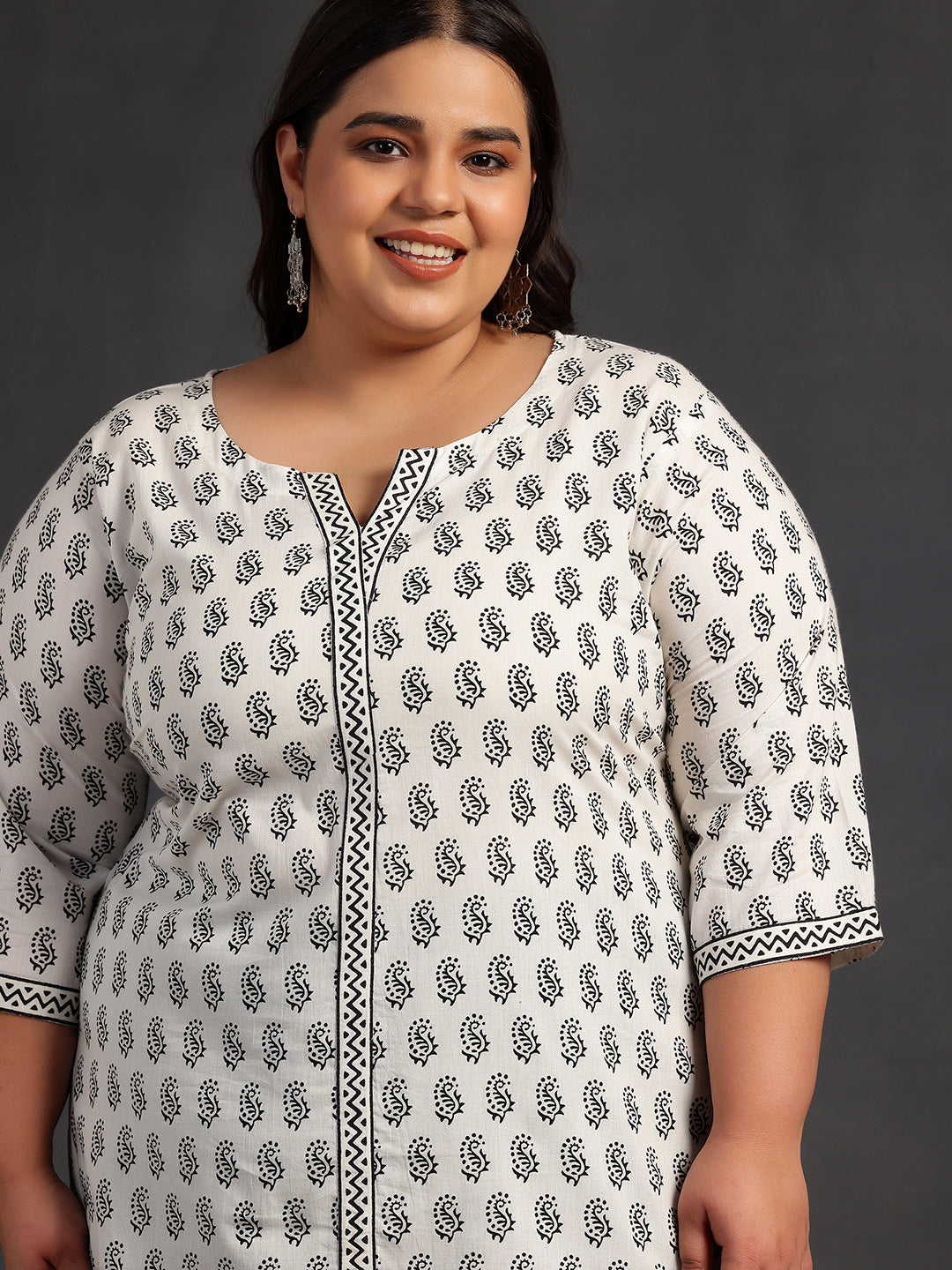 Plus Size White Printed Cotton Straight