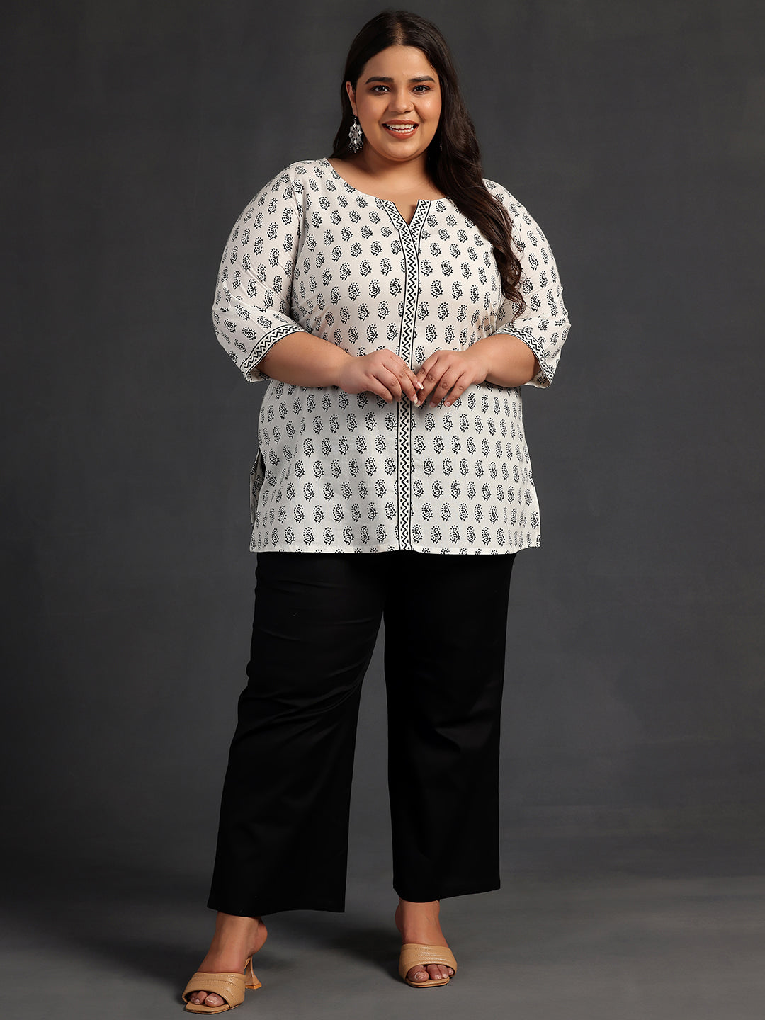 Plus Size White Printed Cotton Straight