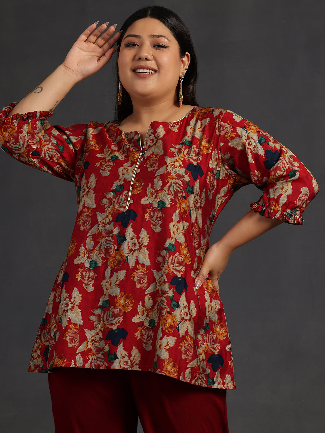 Plus Size Maroon Printed Silk Blend A-Line Kurti