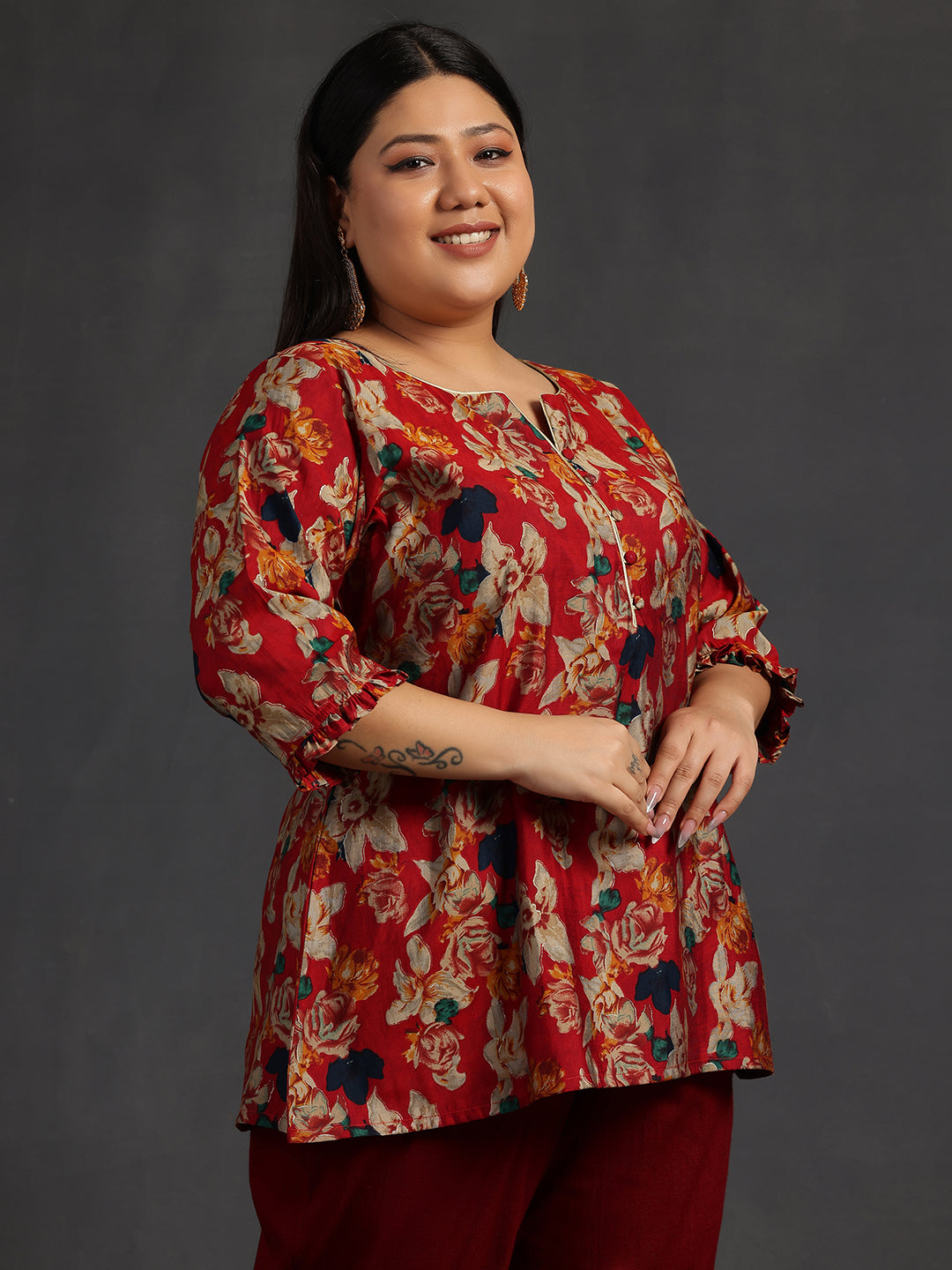 Plus Size Maroon Printed Silk Blend A-Line Kurti