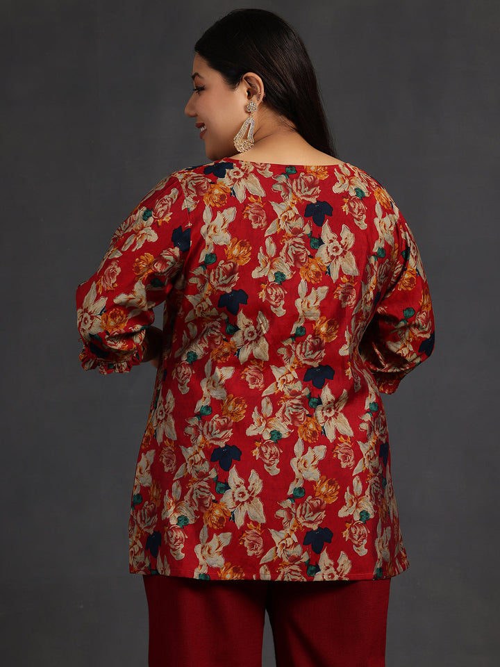 Plus Size Maroon Printed Silk Blend A-Line Kurti