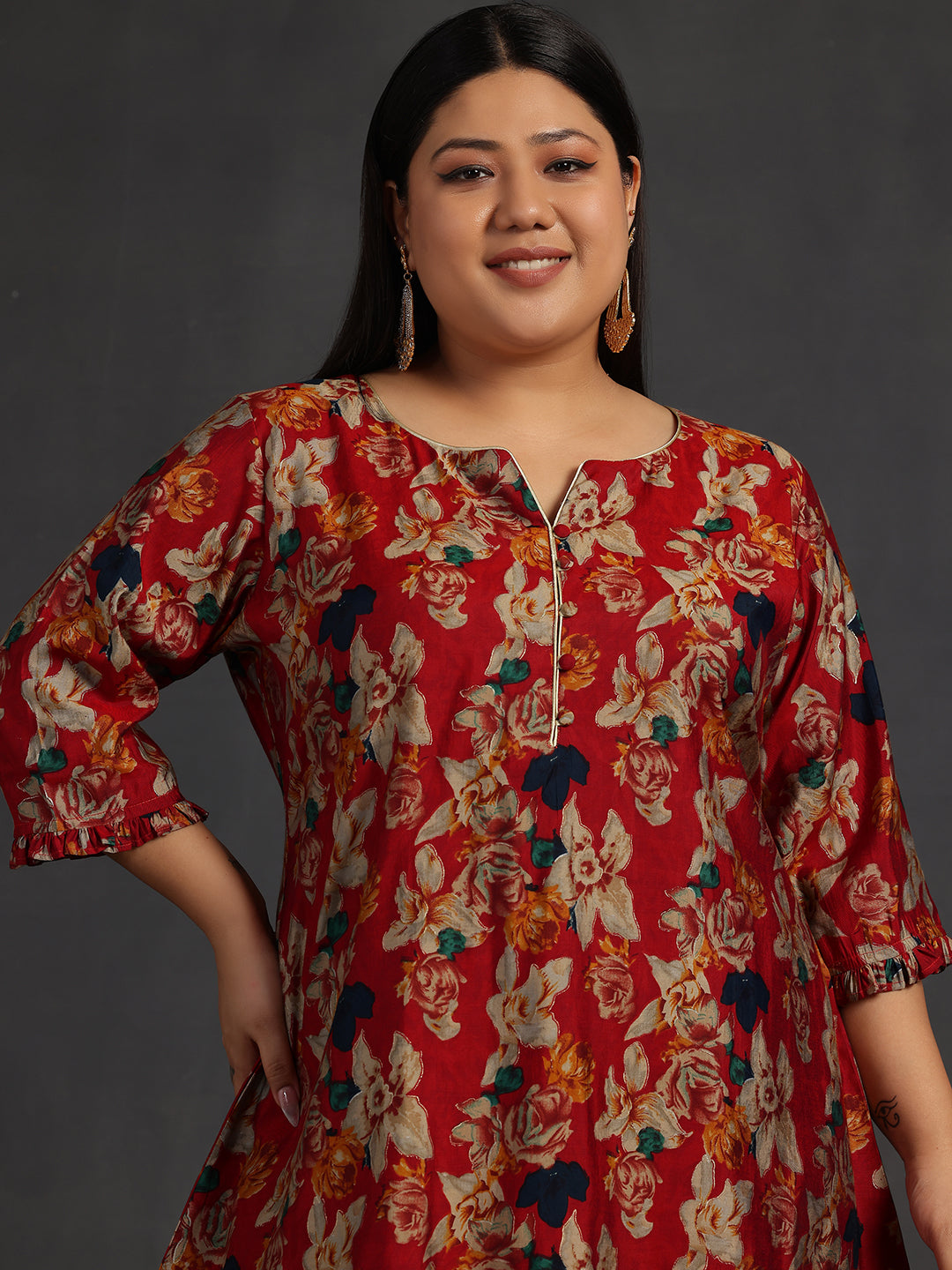 Plus Size Maroon Printed Silk Blend A-Line Kurti