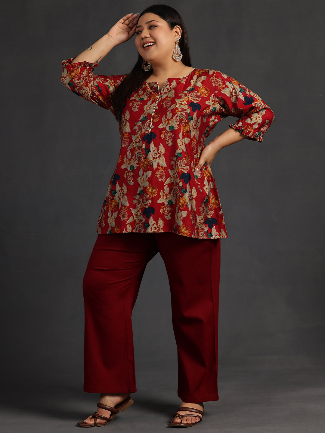 Plus Size Maroon Printed Silk Blend A-Line Kurti