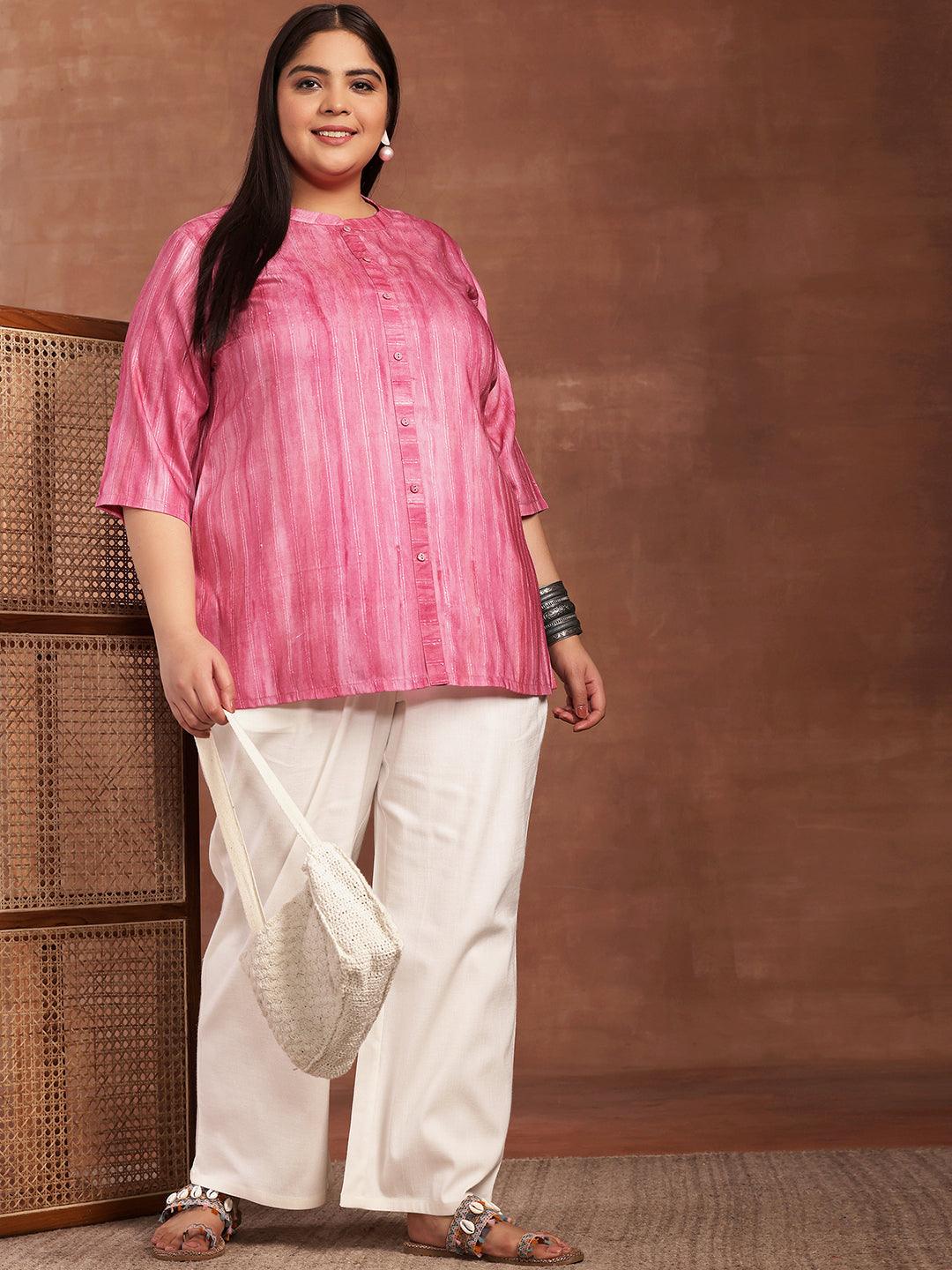 Plus Size Pink Printed Cotton Blend Straight Kurti