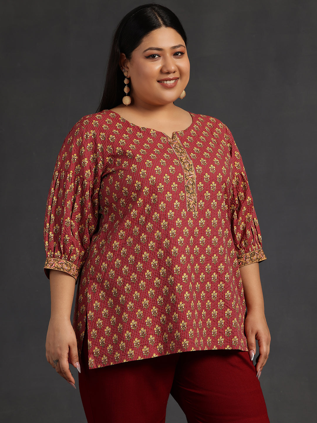 Plus Size Pink Printed Cotton Straight Kurti