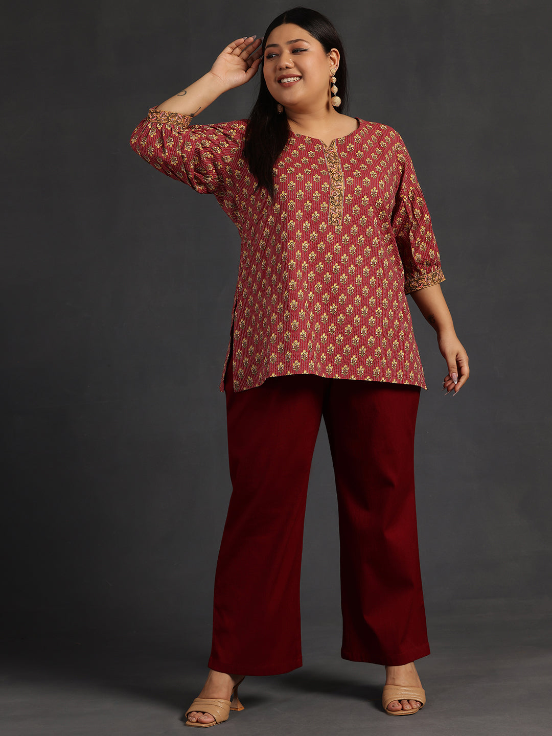 Plus Size Pink Printed Cotton Straight Kurti