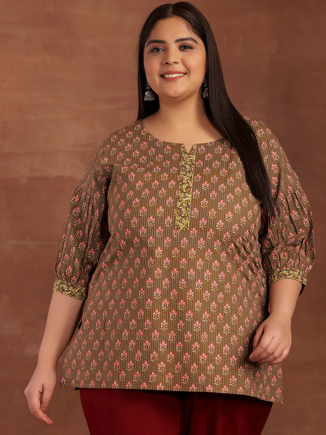 Plus Size Olive Printed Cotton Straight Kurti