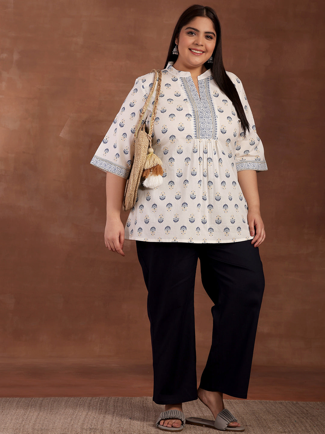 Plus Size White Printed Cotton Straight Kurti