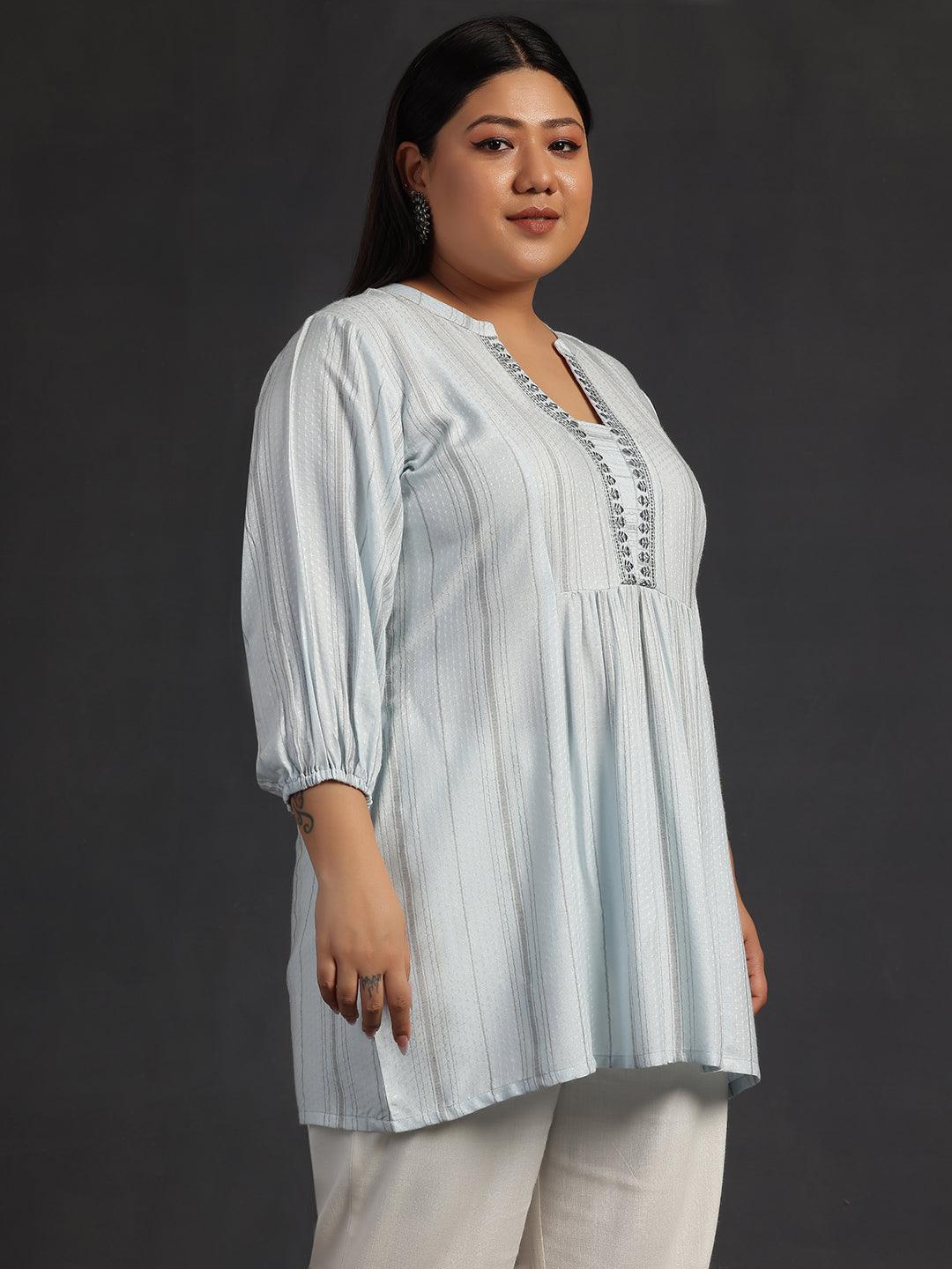 Plus Size Blue Woven Design Cotton Blend Straight Kurti