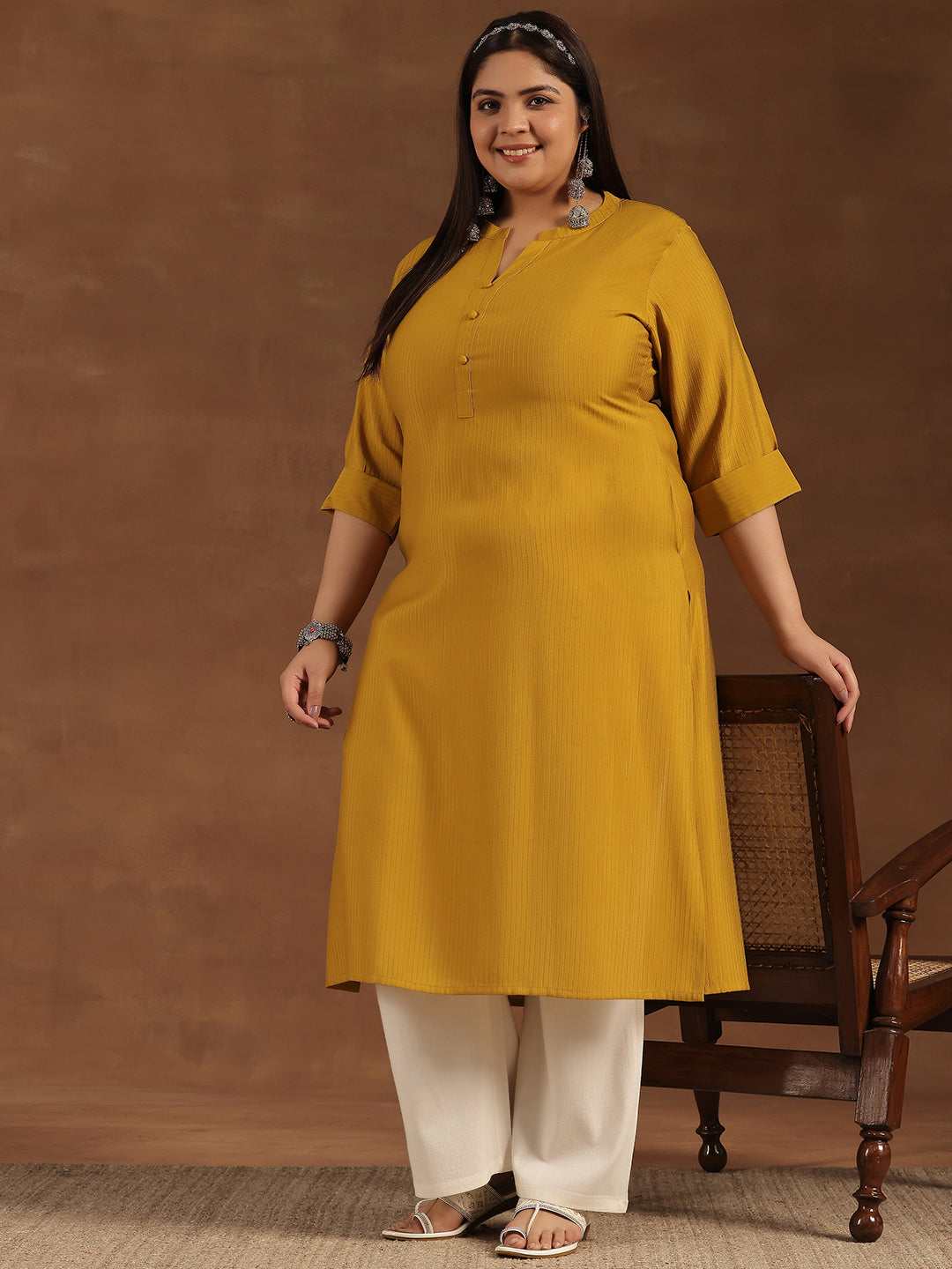 Plus Size Mustard Woven Design Silk Straight Kurta