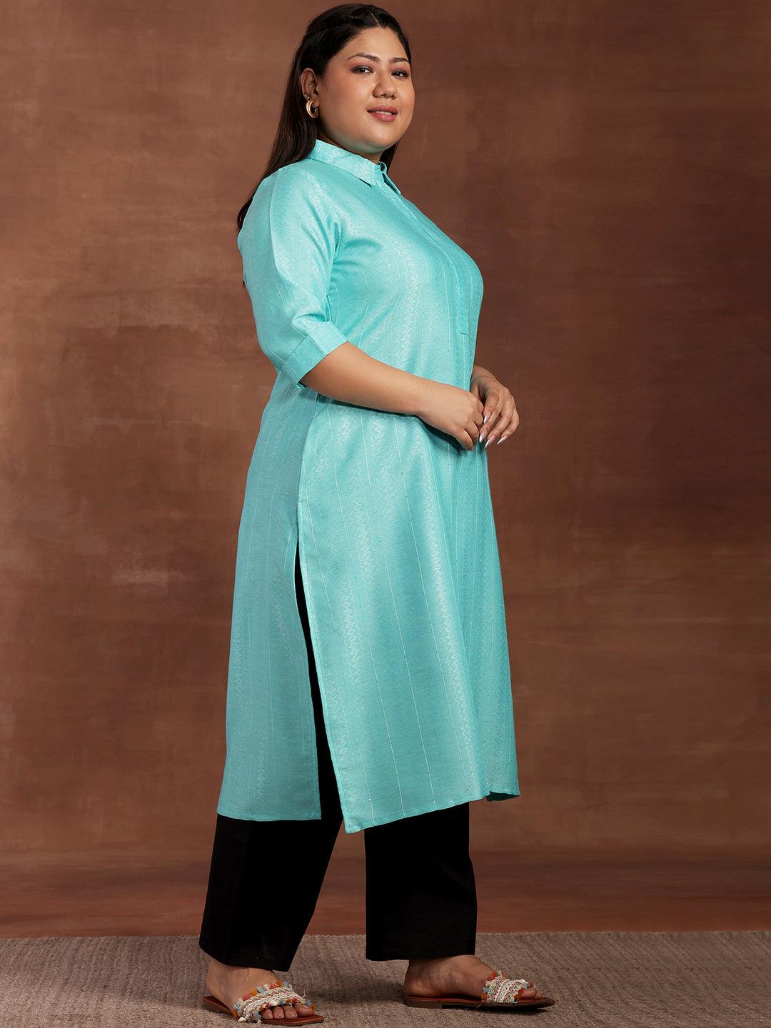 Plus Size Blue Woven Design Cotton Kurta