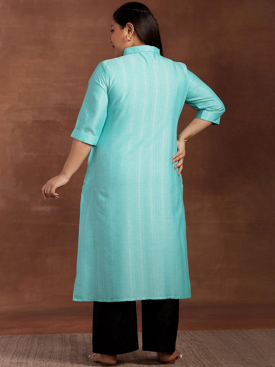 Plus Size Blue Woven Design Cotton Kurta