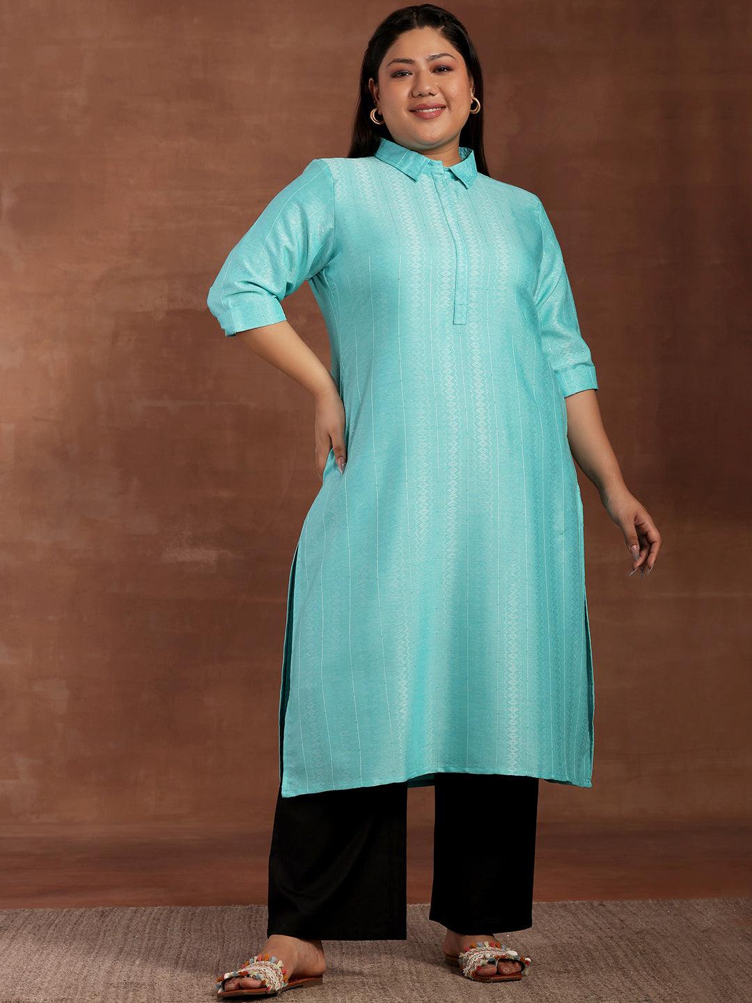 Plus Size Blue Woven Design Cotton Kurta