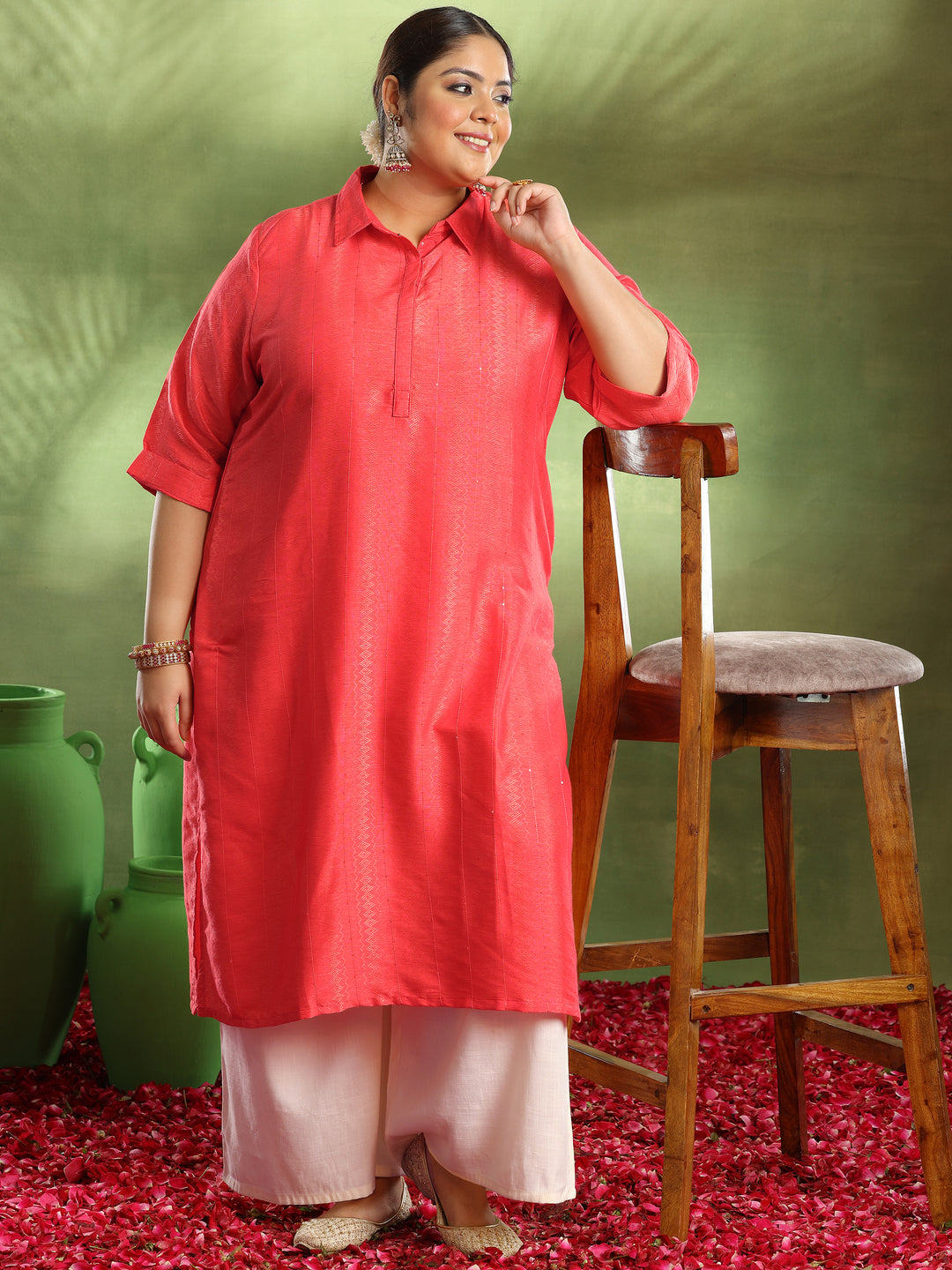 Plus Size Coral Woven Design Cotton Kurta