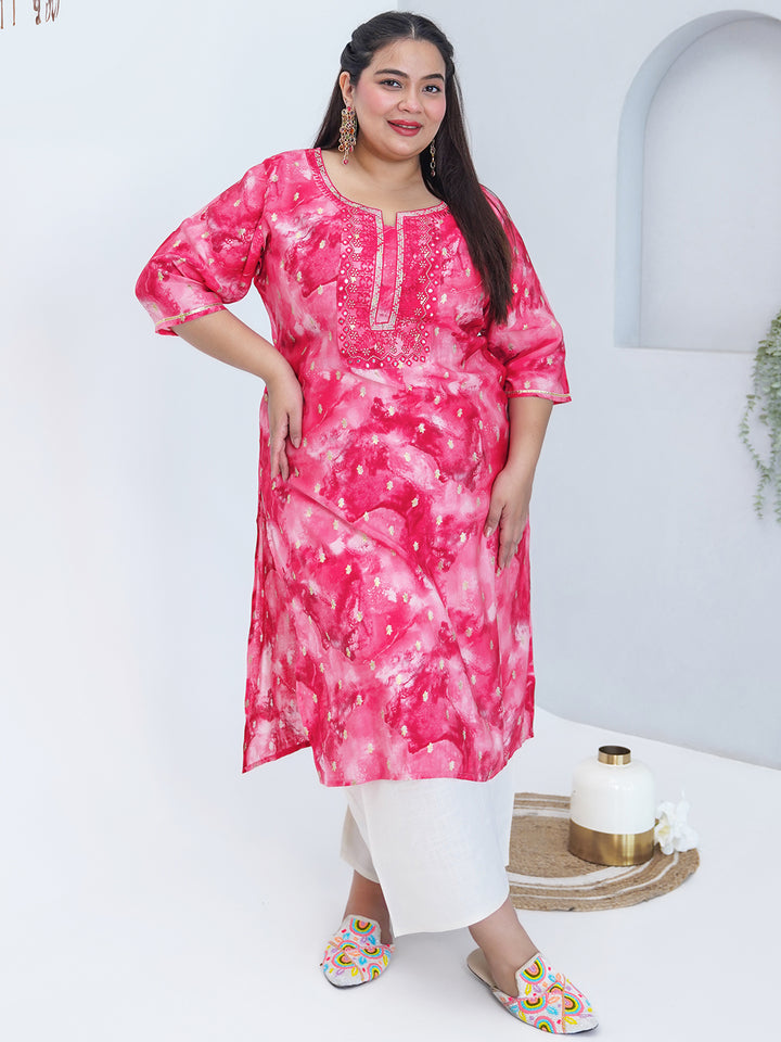 Plus Size Pink Yoke Design Silk Straight Kurta