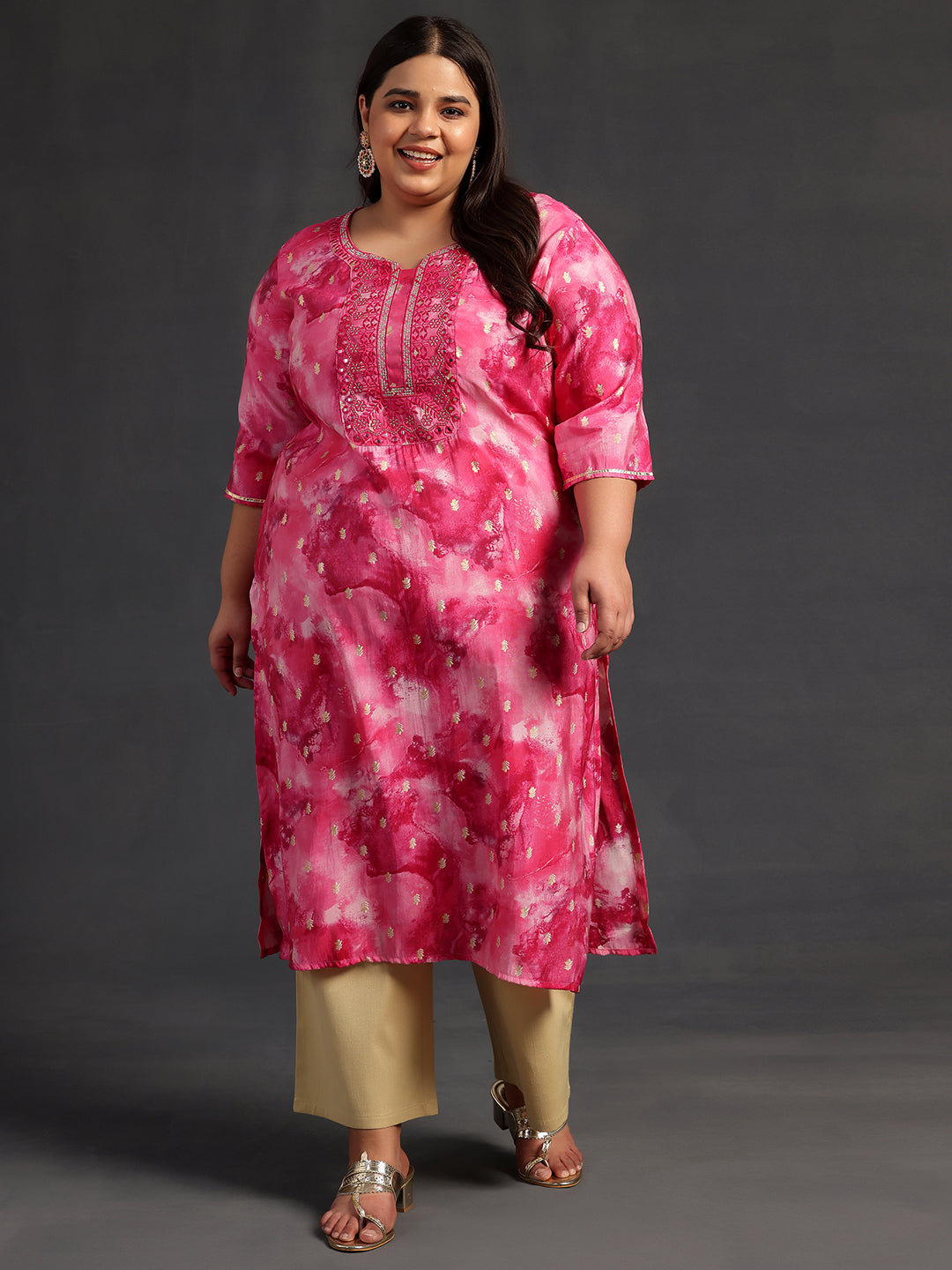 Plus Size Pink Yoke Design Silk Straight Kurta