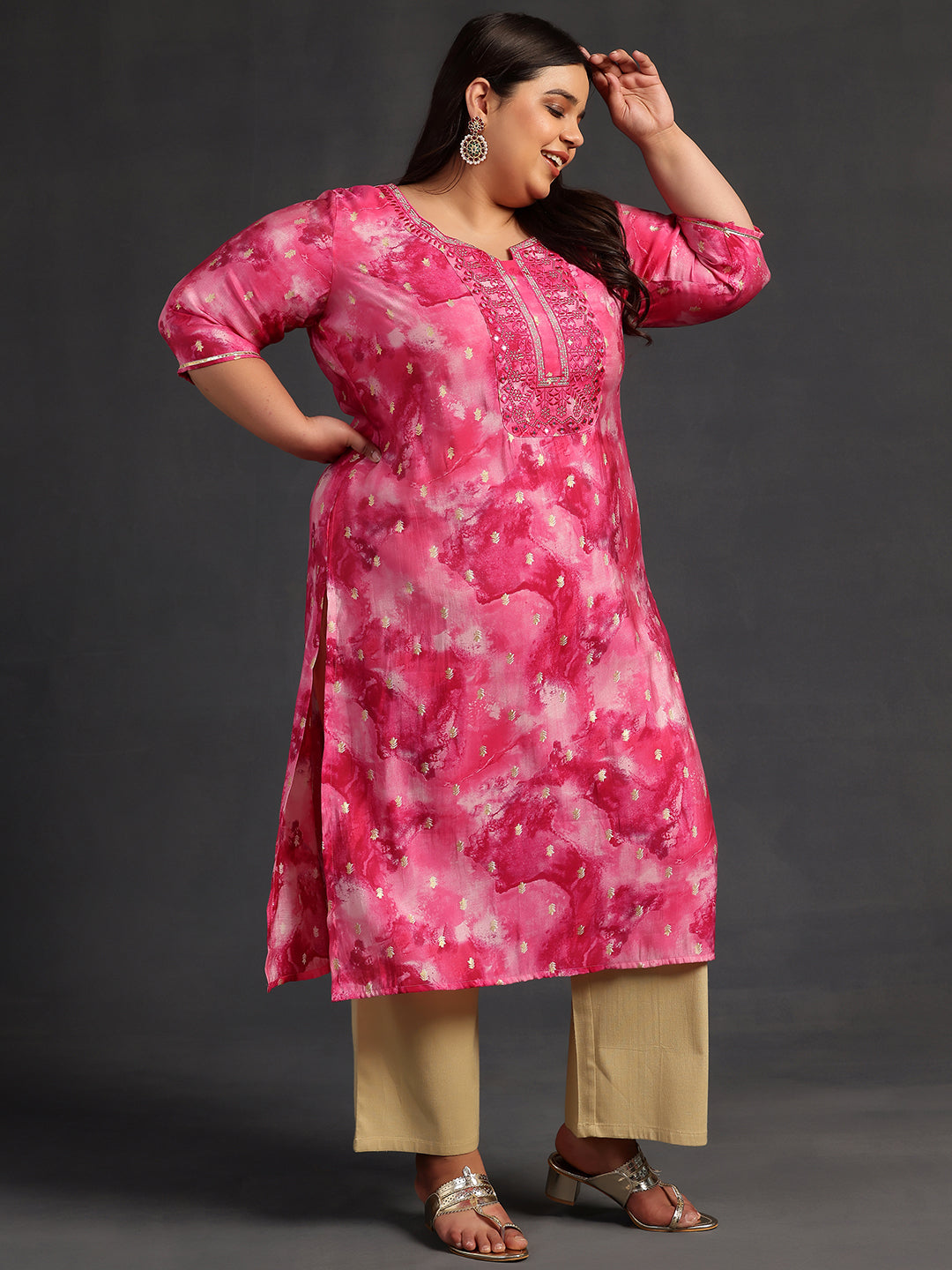 Plus Size Pink Yoke Design Silk Straight Kurta