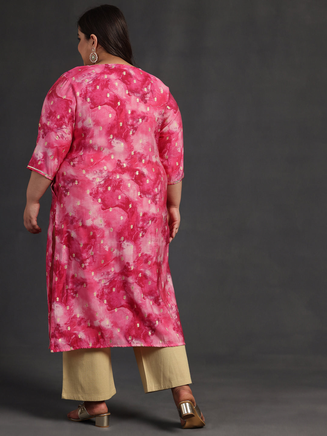 Plus Size Pink Yoke Design Silk Straight Kurta