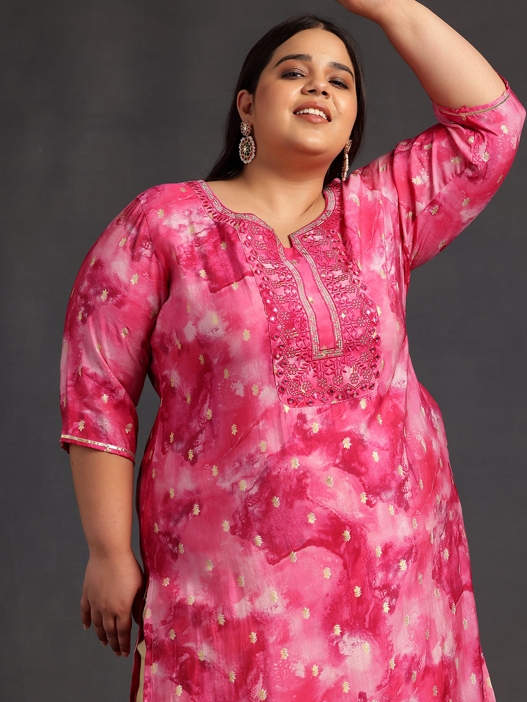 Plus Size Pink Yoke Design Silk Straight Kurta