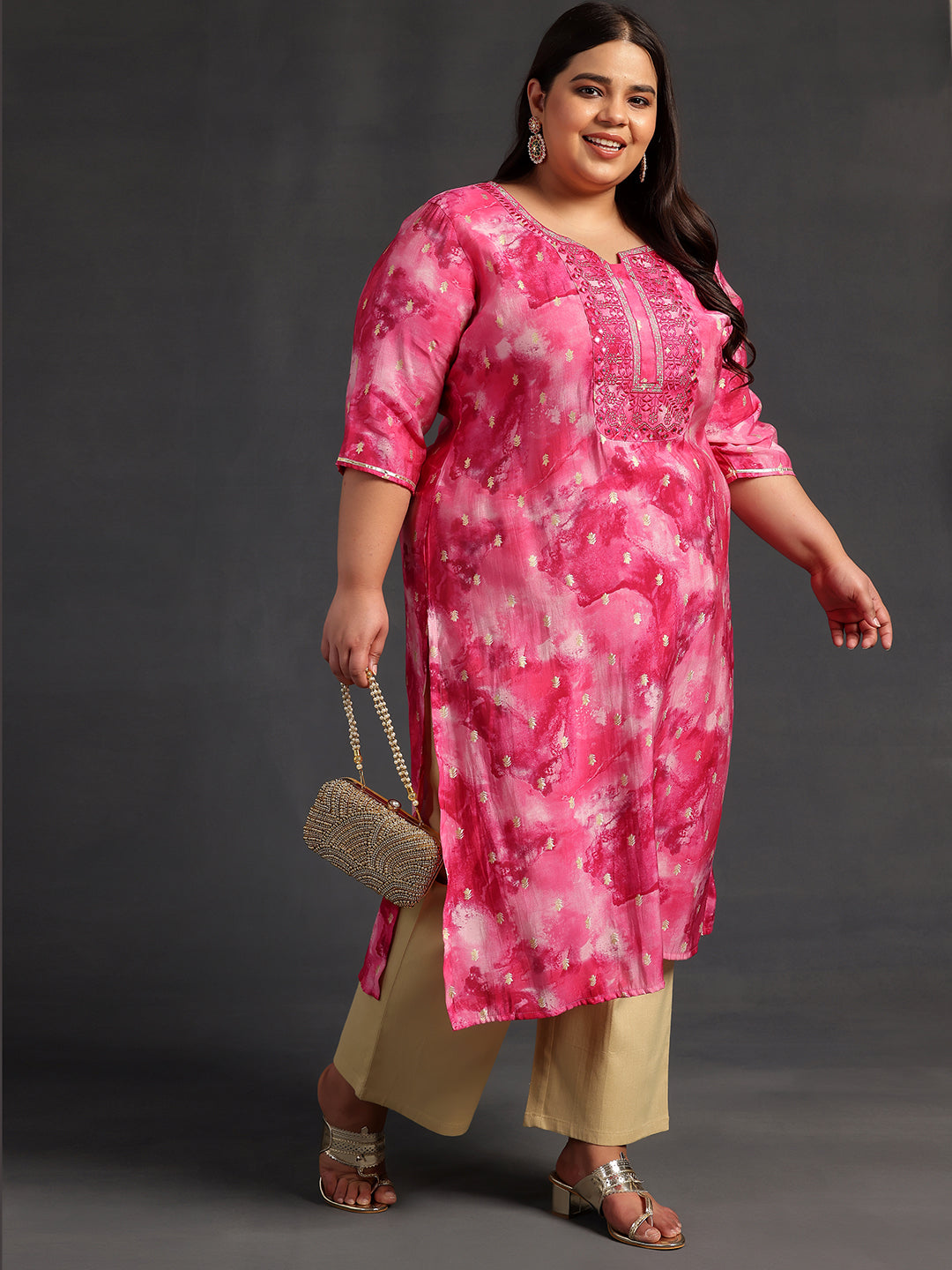 Plus Size Pink Yoke Design Silk Straight Kurta