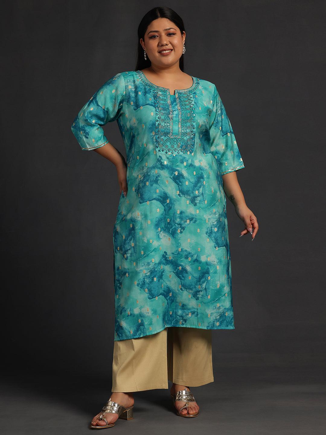 Plus Size Blue Yoke Design Silk Straight Kurta