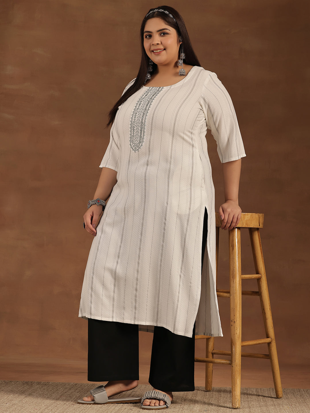 Plus Size Cream Yoke Design Rayon Straight Kurta