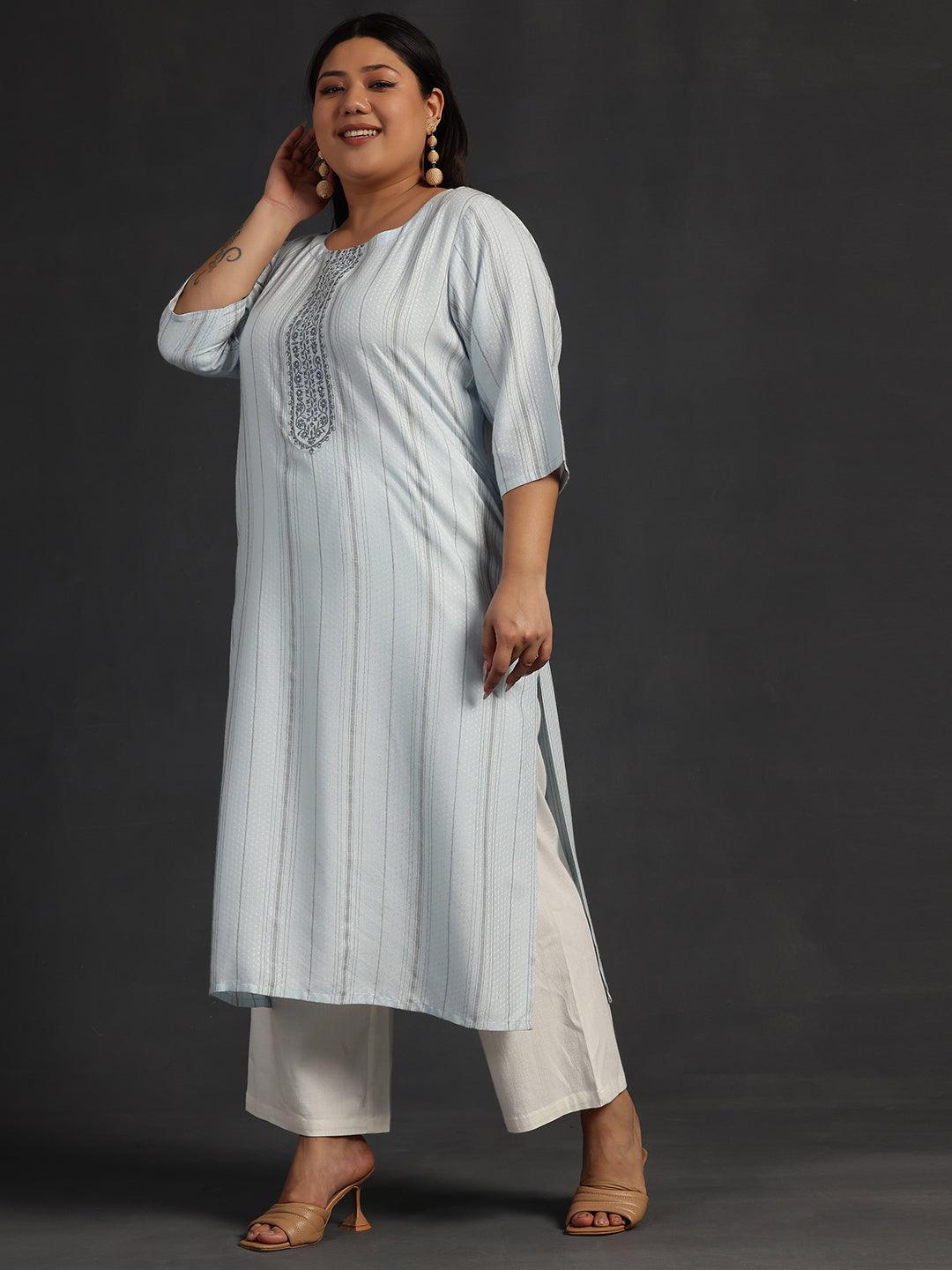 Plus Size Blue Yoke Design Rayon Straight Kurta