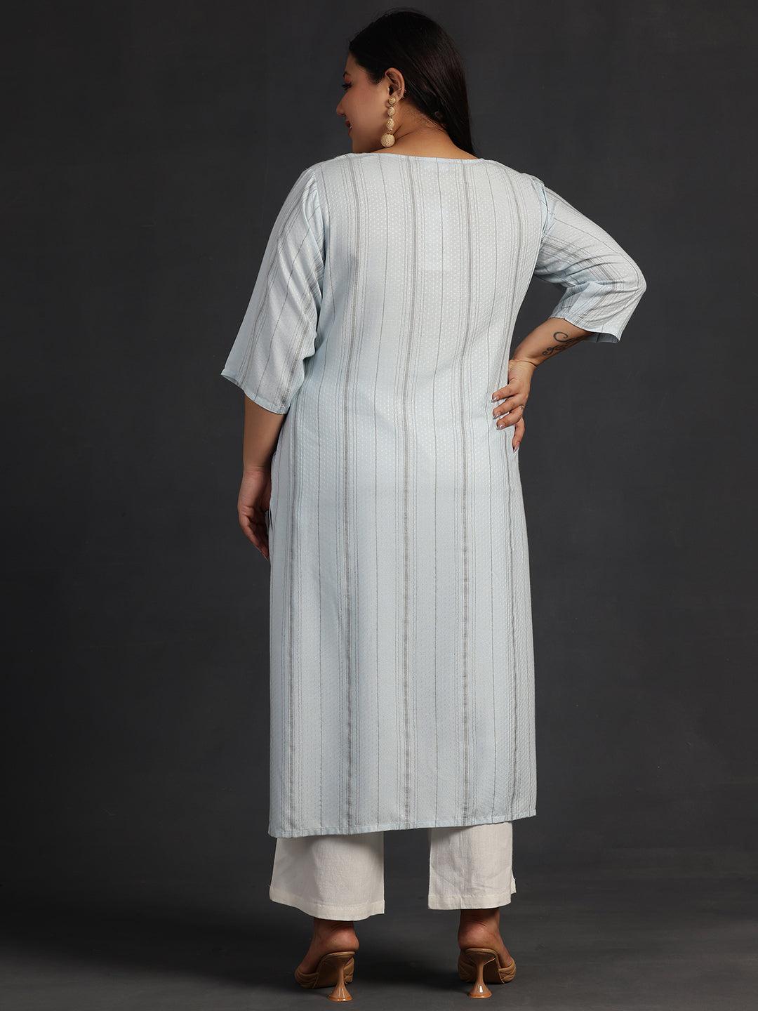 Plus Size Blue Yoke Design Rayon Straight Kurta