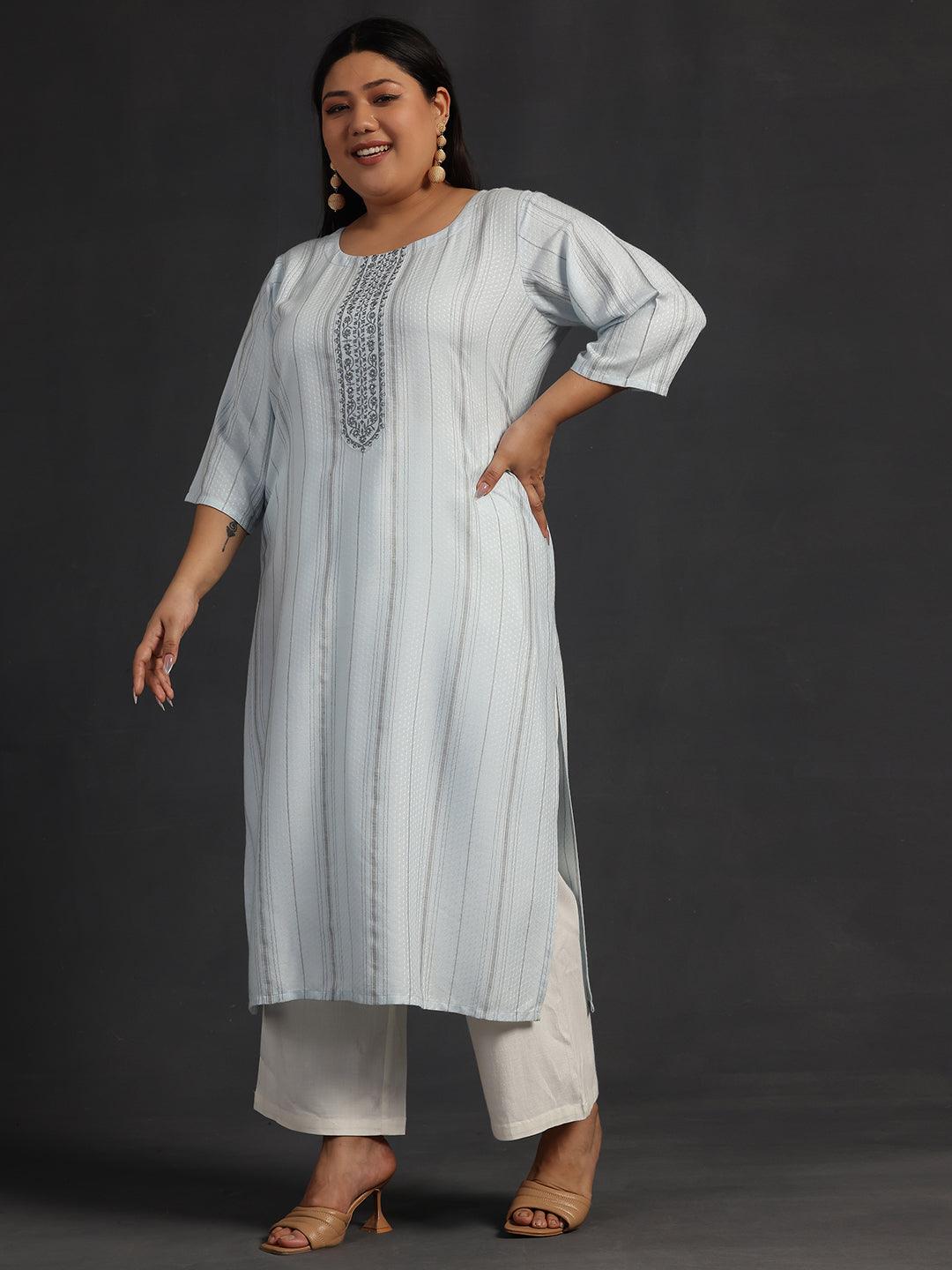 Plus Size Blue Yoke Design Rayon Straight Kurta