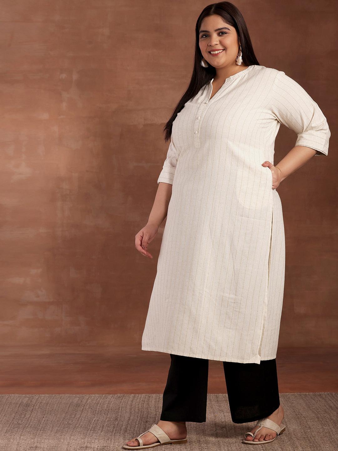 Plus Size Cream Striped Cotton Kurta