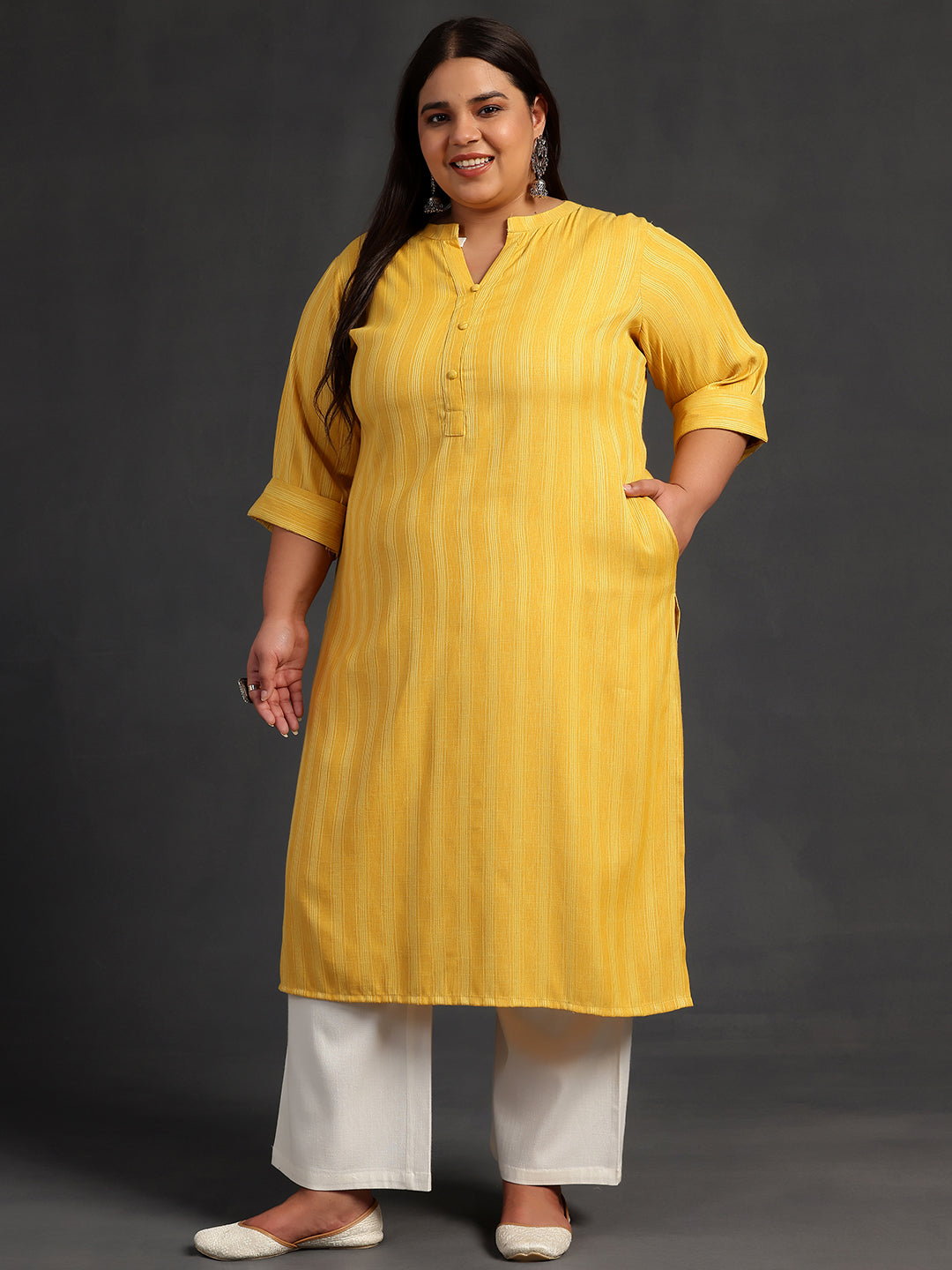 Plus Size Yellow Woven Design Rayon Straight Kurta