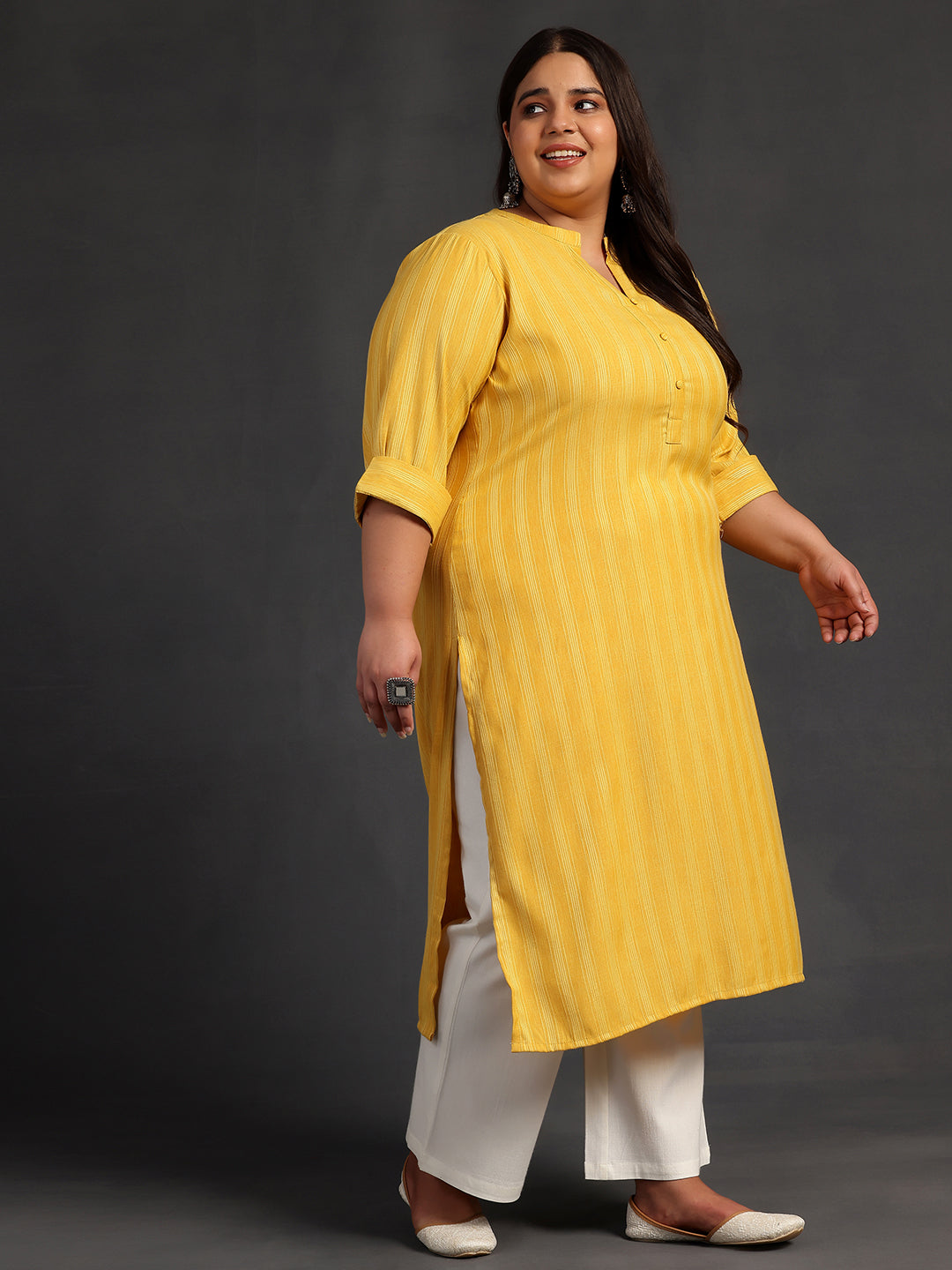 Plus Size Yellow Woven Design Rayon Straight Kurta