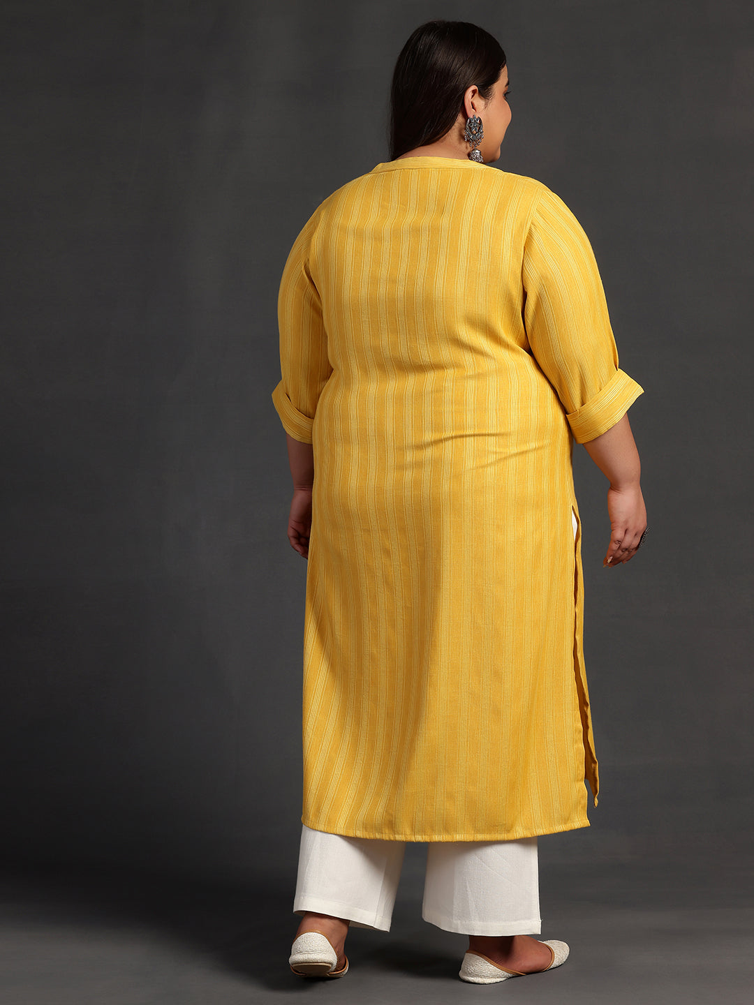 Plus Size Yellow Woven Design Rayon Straight Kurta