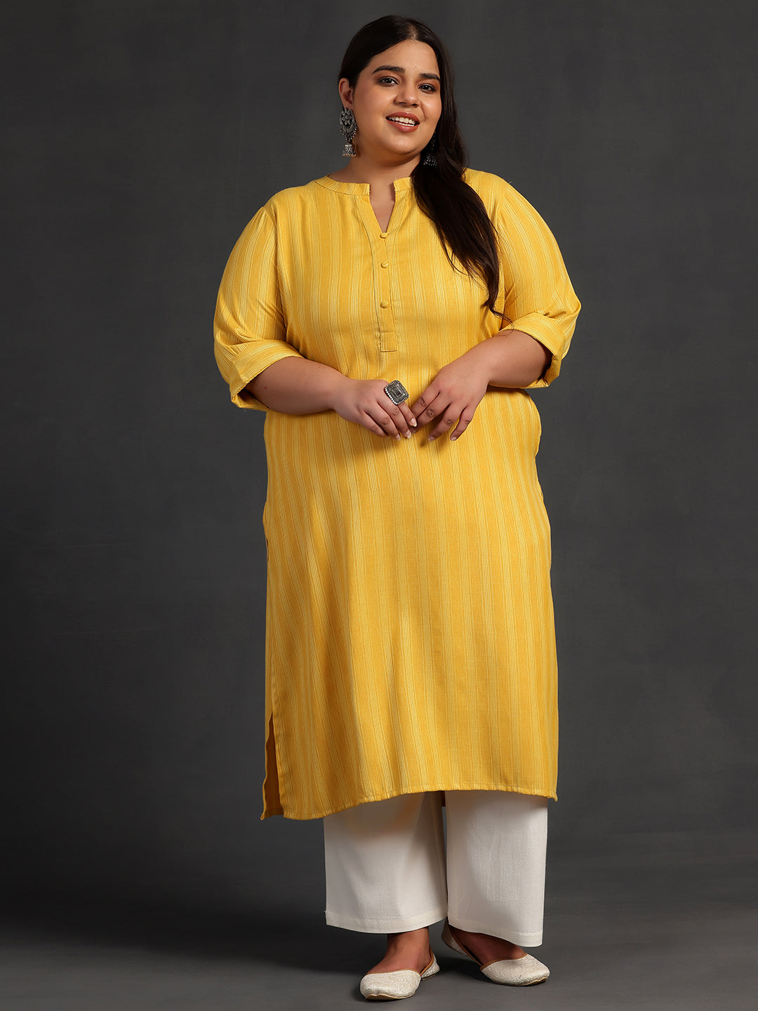 Plus Size Yellow Woven Design Rayon Straight Kurta