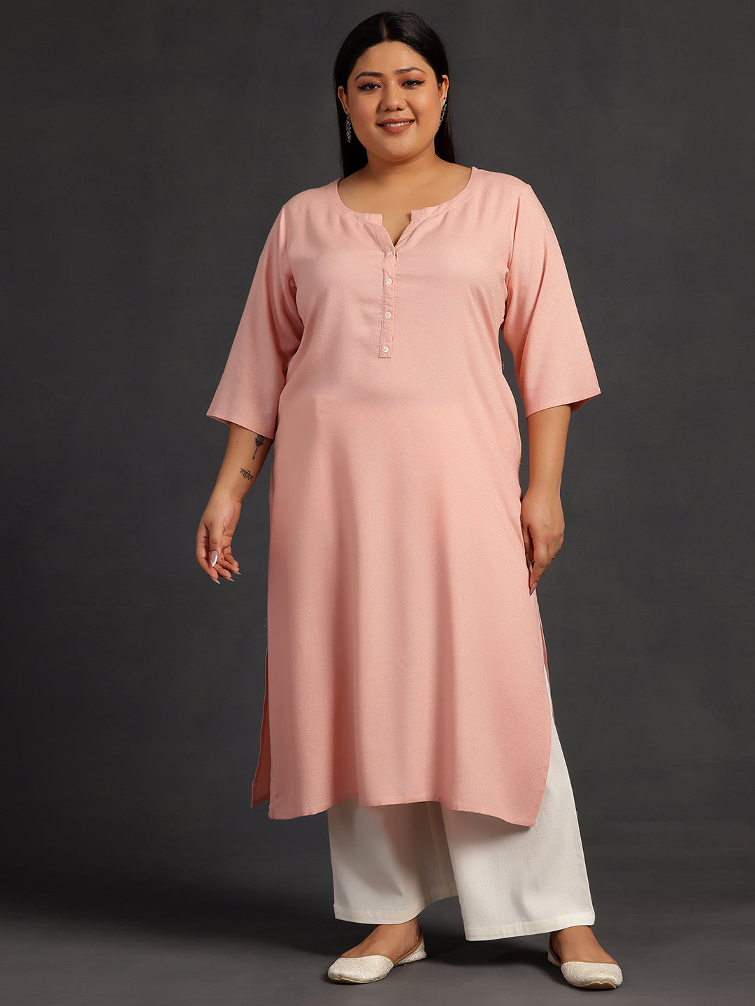 Plus Size Pink Woven Design Rayon Straight Kurta