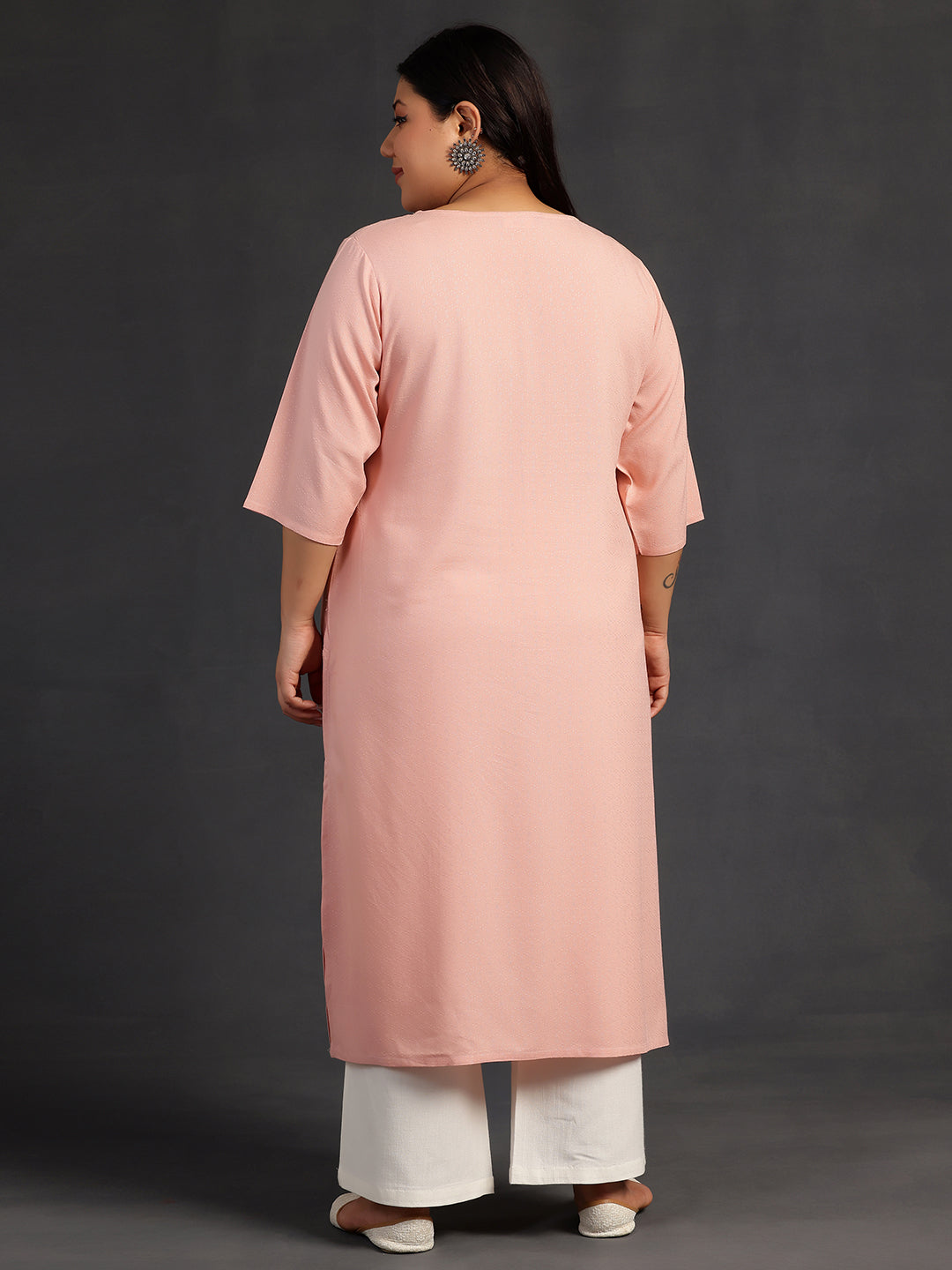 Plus Size Pink Woven Design Rayon Straight Kurta