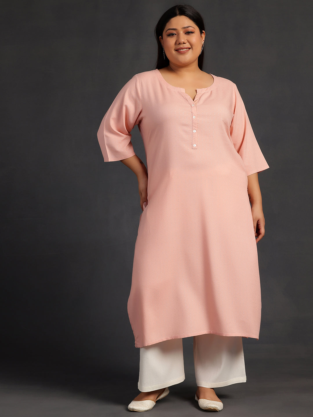 Plus Size Pink Woven Design Rayon Straight Kurta