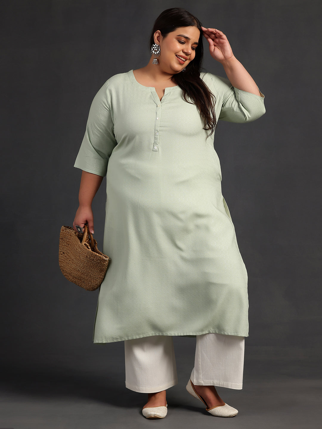 Plus Size Green Woven Design Rayon Straight Kurta