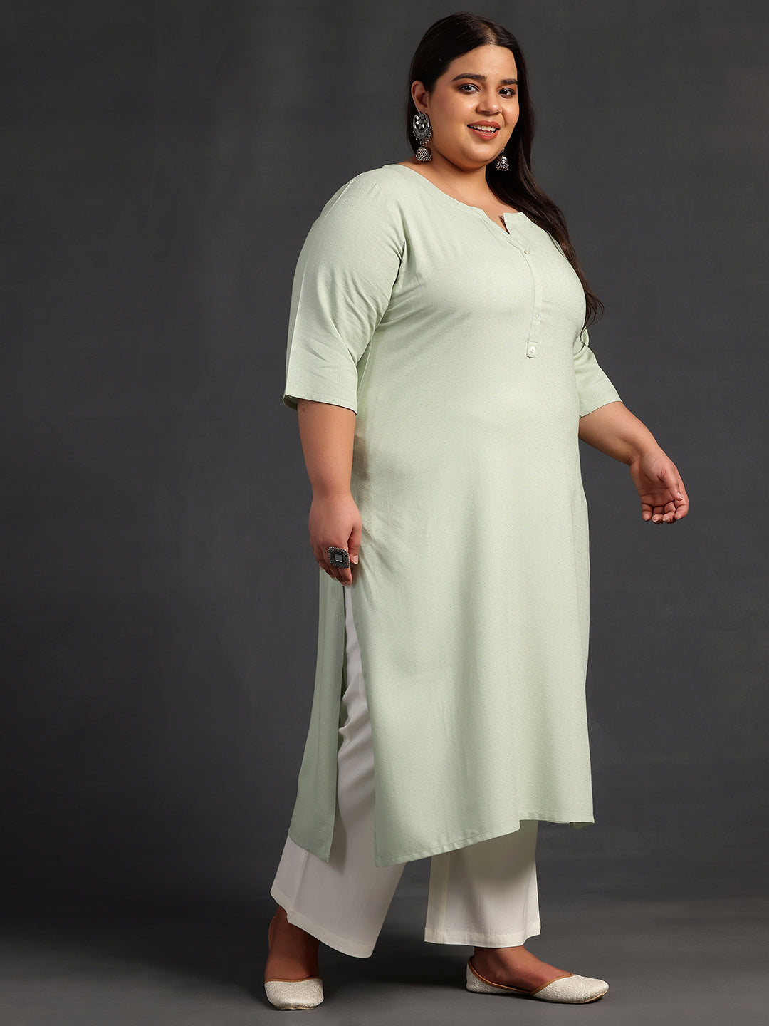 Plus Size Green Woven Design Rayon Straight Kurta