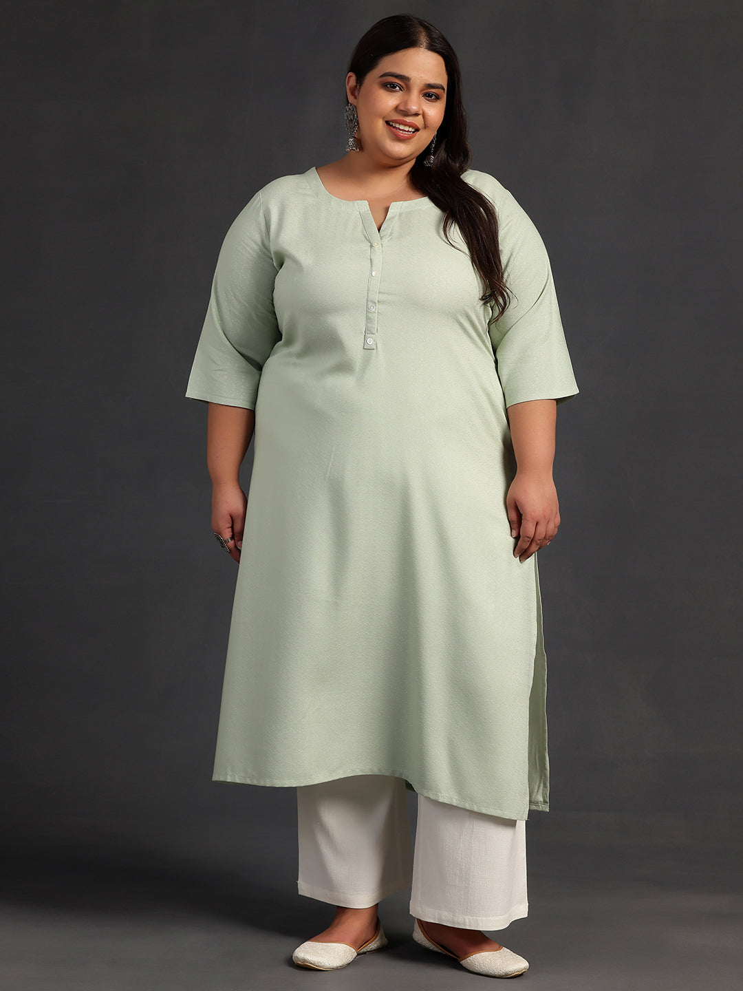 Plus Size Green Woven Design Rayon Straight Kurta