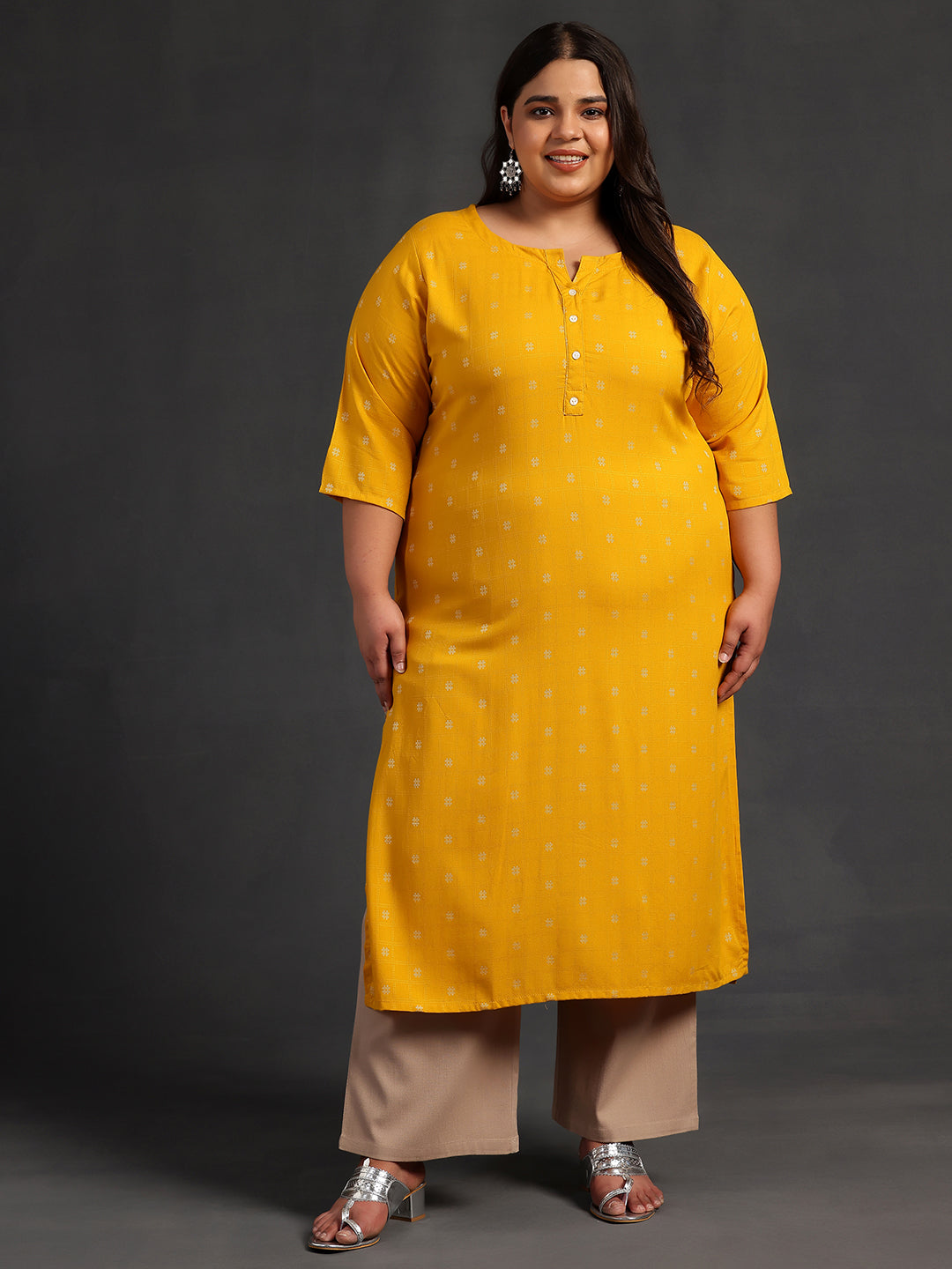 Plus Size Mustard Woven Design Rayon Straight Kurta