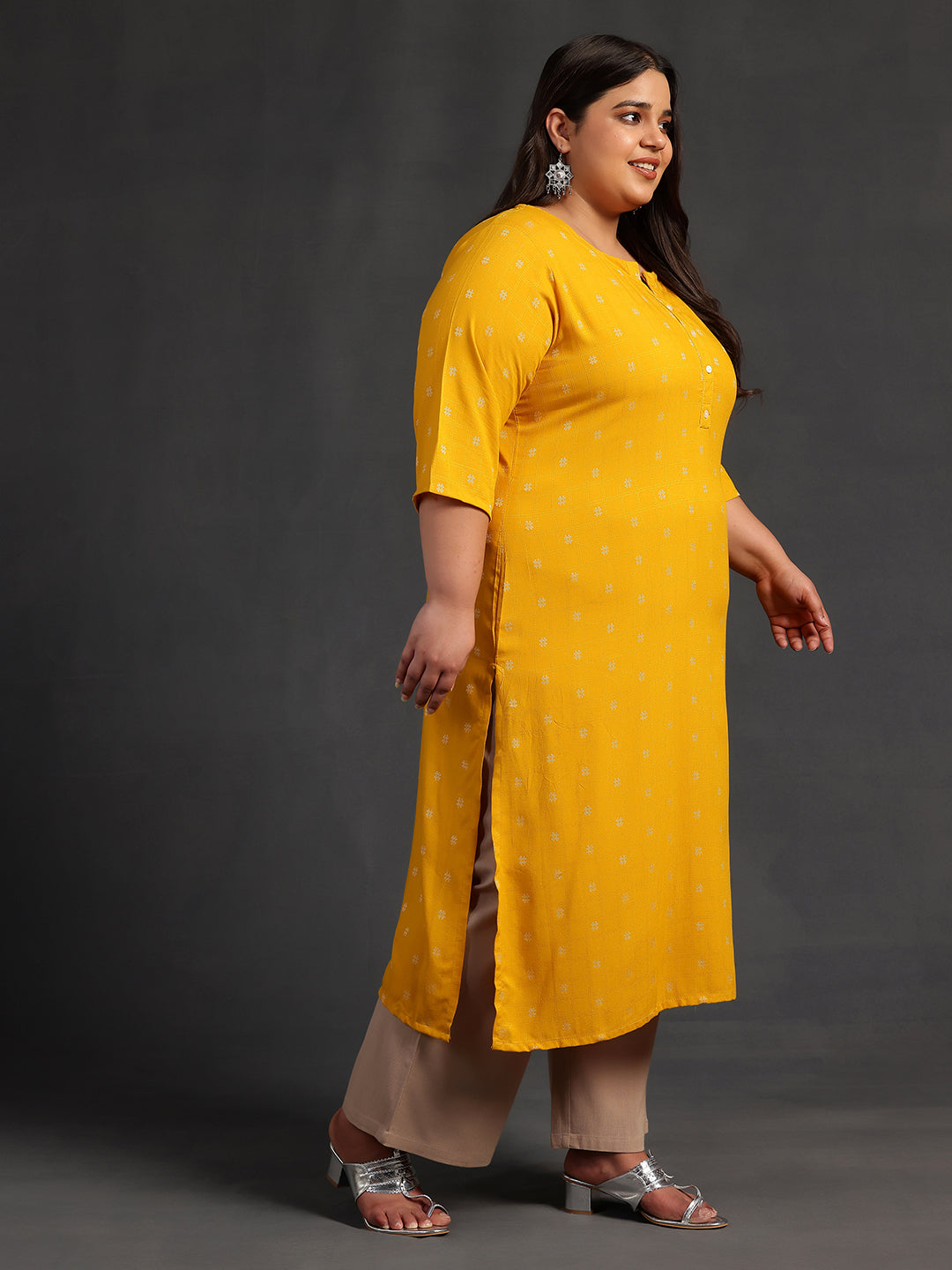 Plus Size Mustard Woven Design Rayon Straight Kurta