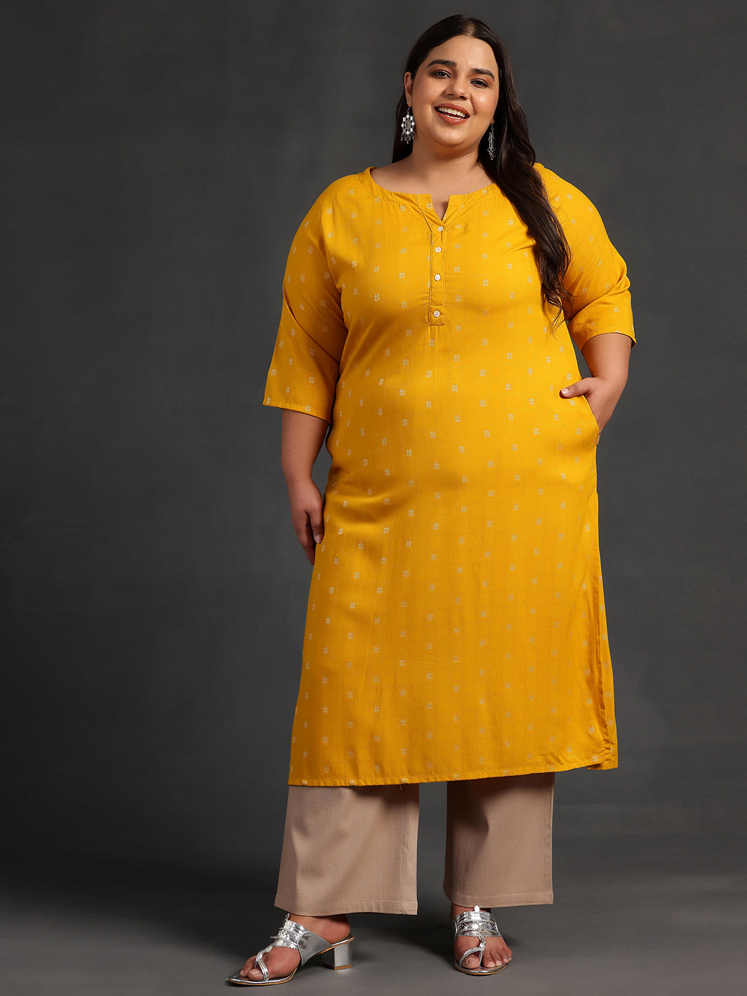 Plus Size Mustard Woven Design Rayon Straight Kurta