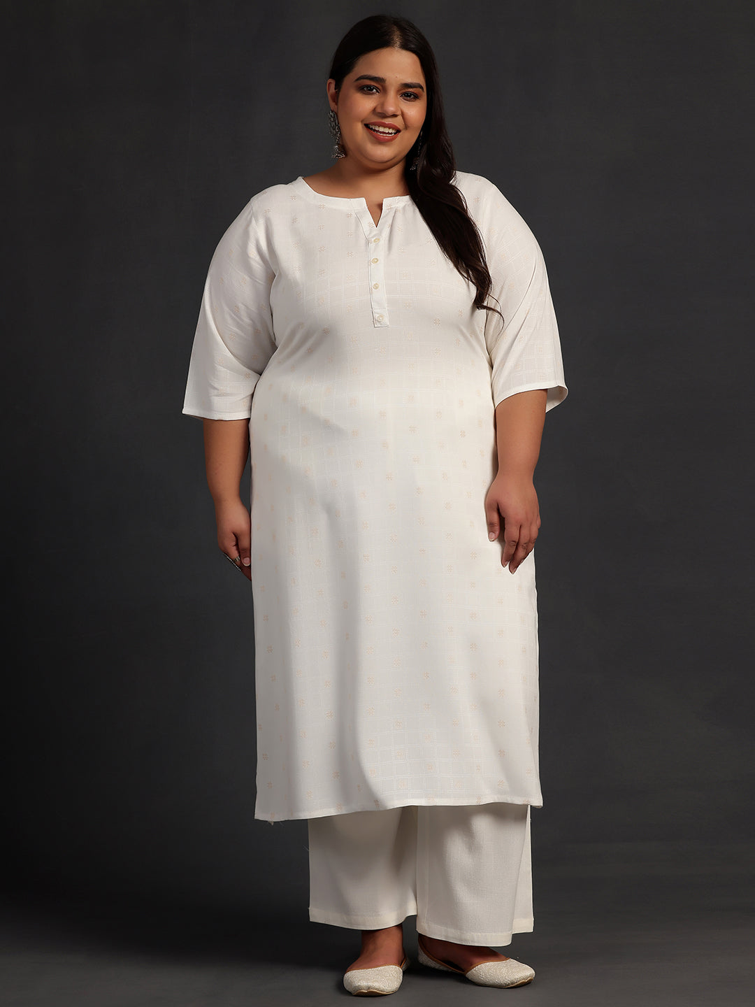 Plus Size Cream Woven Design Rayon Straight Kurta