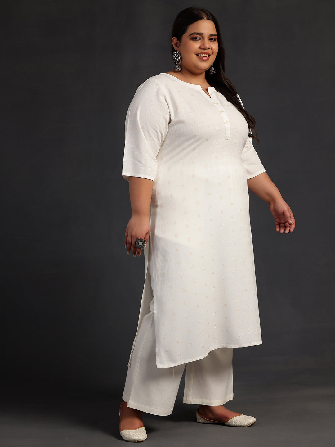 Plus Size Cream Woven Design Rayon Straight Kurta